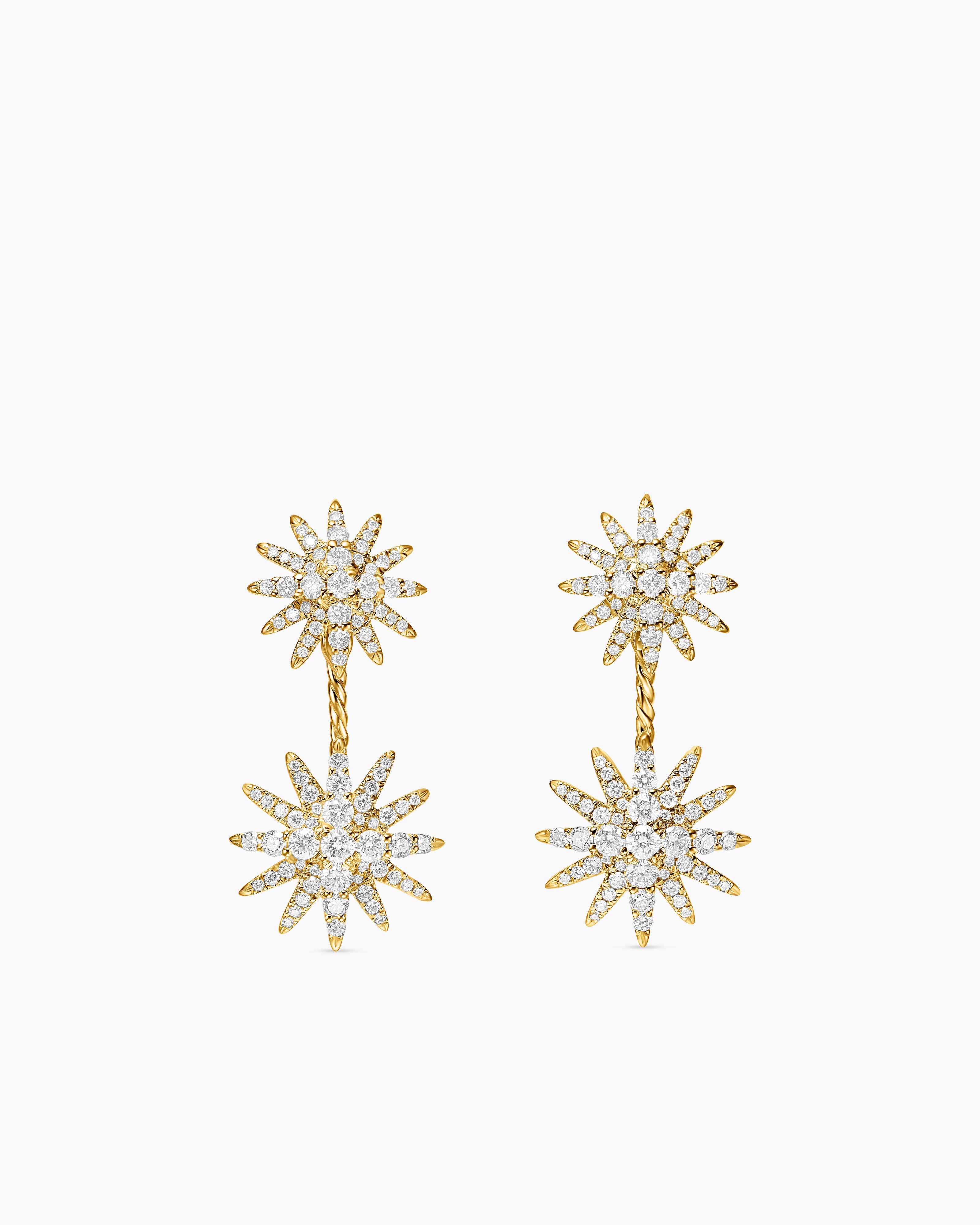 Womens Starburst Double Drop Earrings in 18K Yellow Gold with Diamonds, 32.5mm