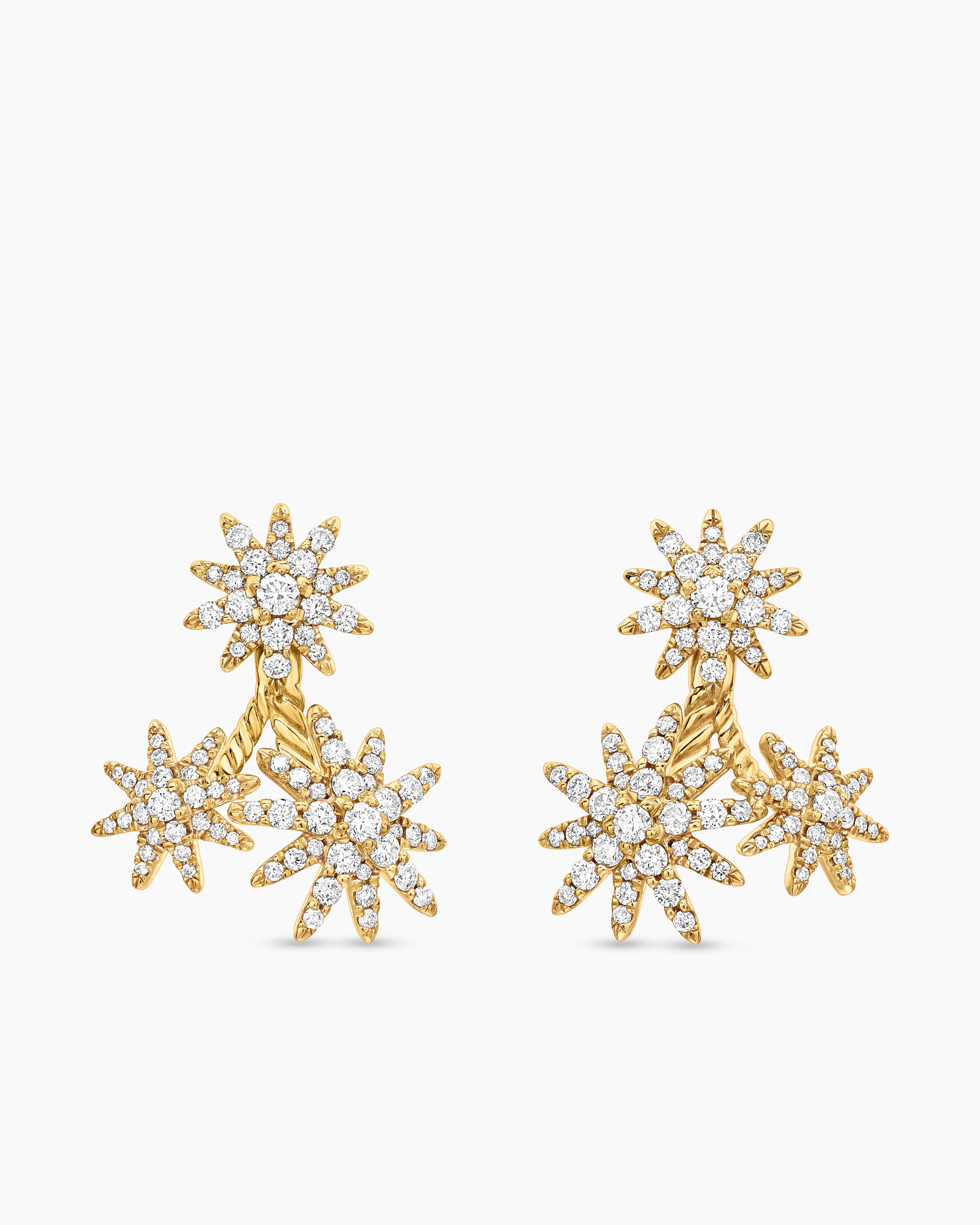 Womens Starburst Cluster Drop Earrings in 18K Yellow Gold with Diamonds, 23.7mm