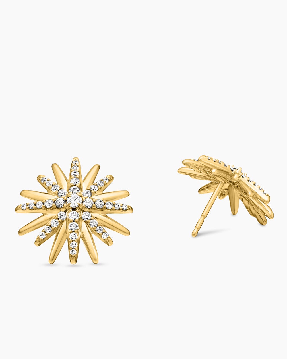 Womens Starburst Stud Earrings in 18K Yellow Gold with Diamonds, 19mm