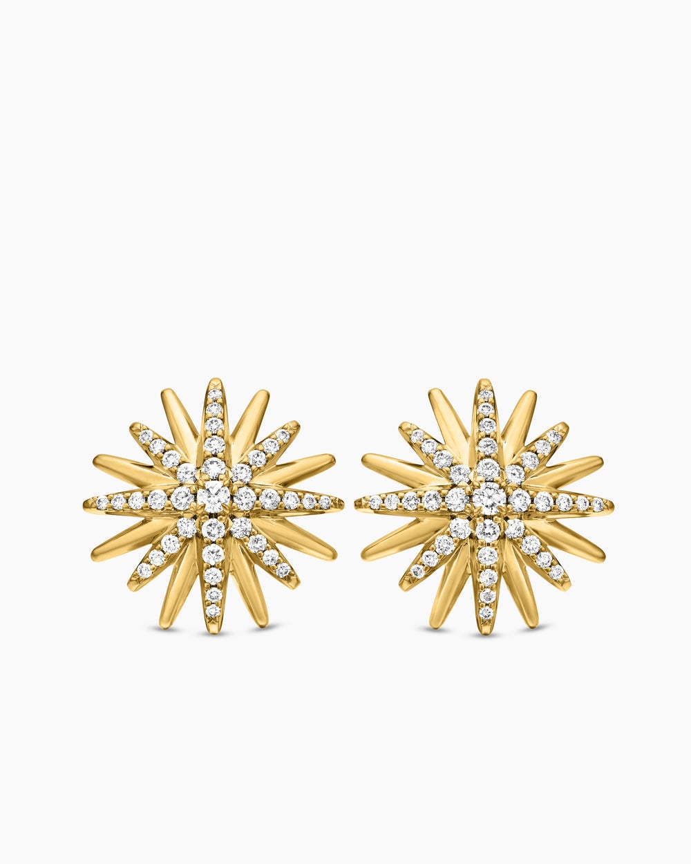Womens Starburst Stud Earrings in 18K Yellow Gold with Diamonds, 19mm