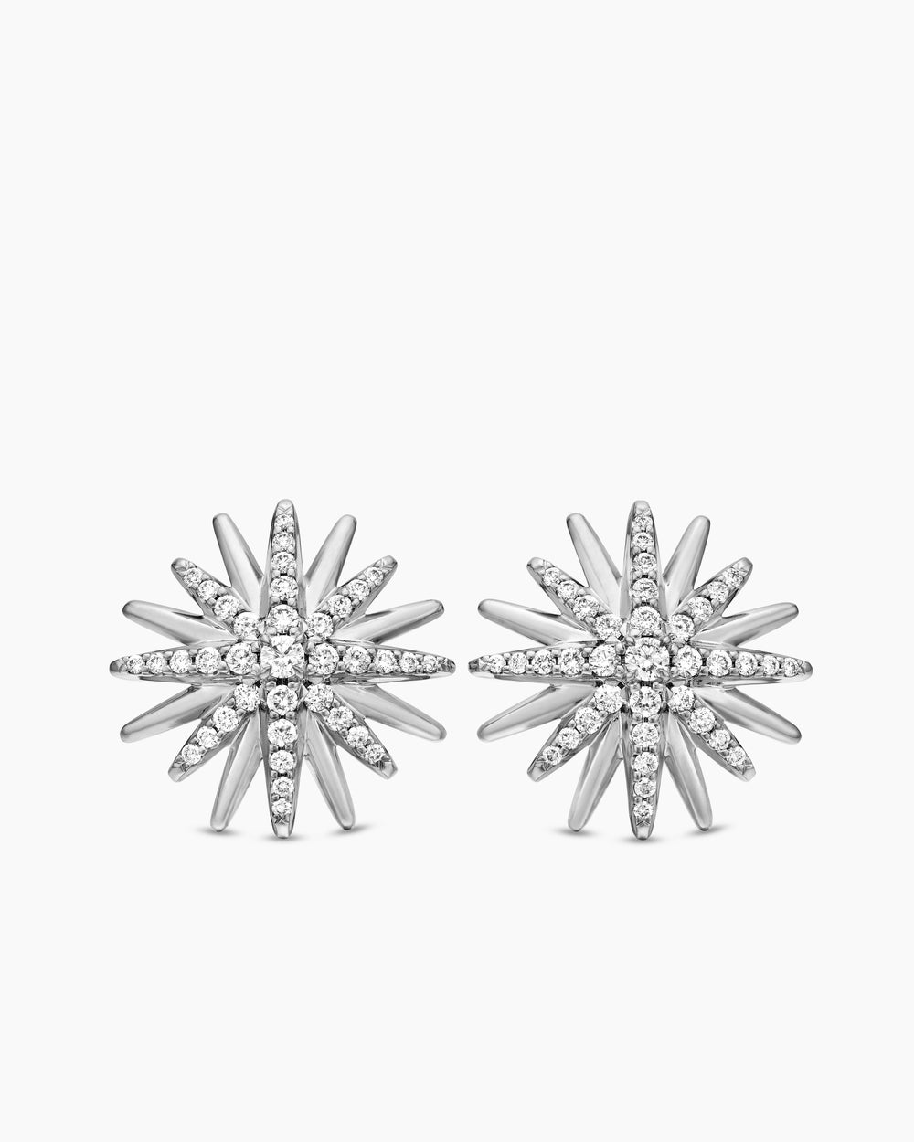 Womens Starburst Stud Earrings in Sterling Silver with Diamonds, 19mm