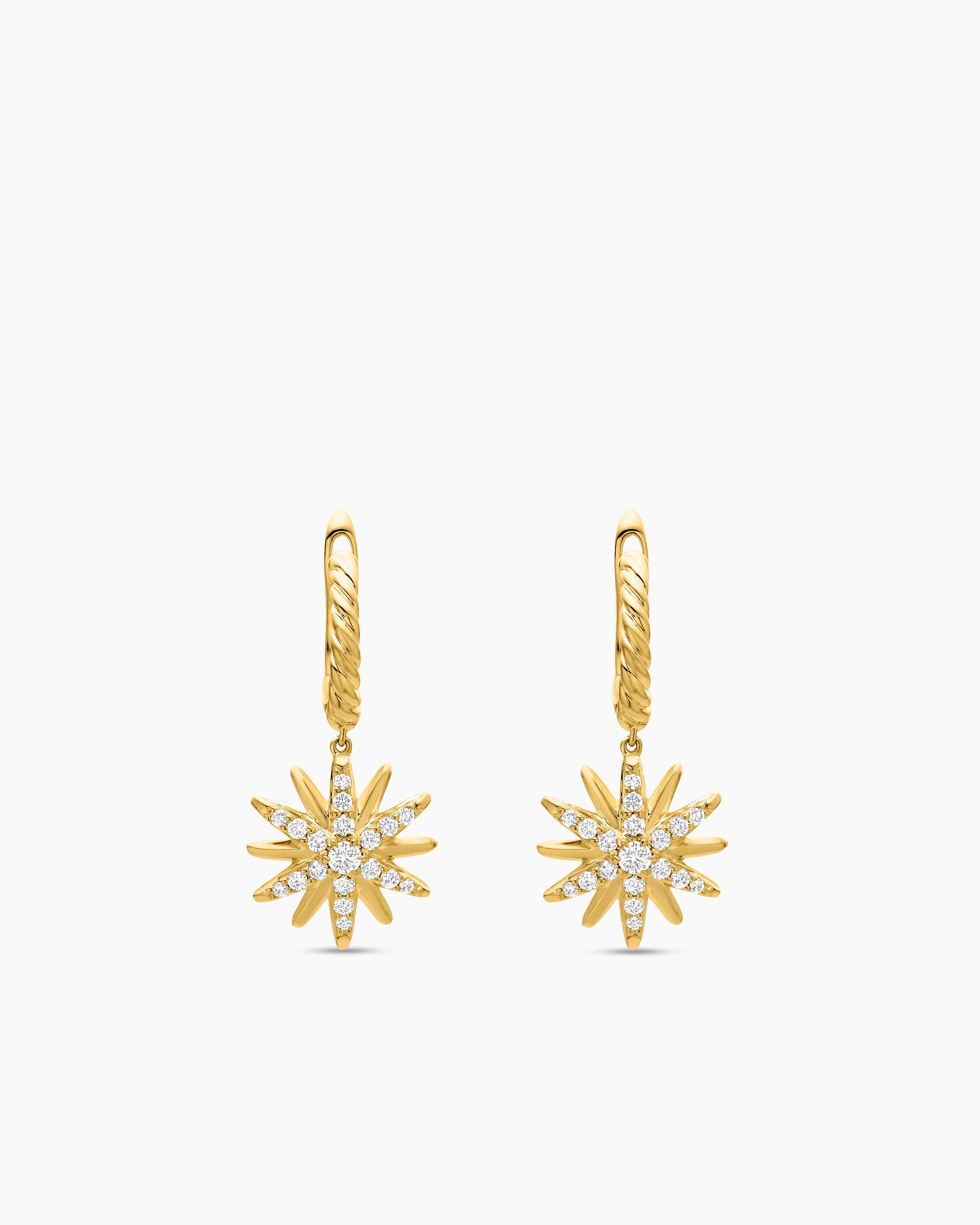 Womens Starburst Drop Earrings in 18K Yellow Gold with Diamonds, 25mm