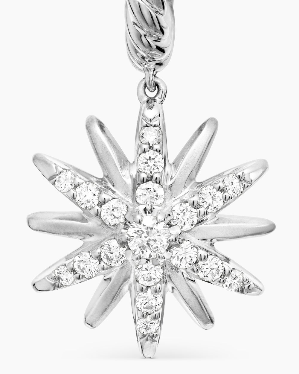 Womens Starburst Drop Earrings in Sterling Silver with Diamonds, 25mm