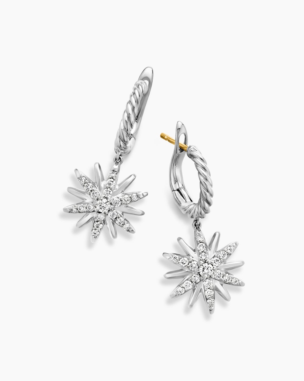 Womens Starburst Drop Earrings in Sterling Silver with Diamonds, 25mm