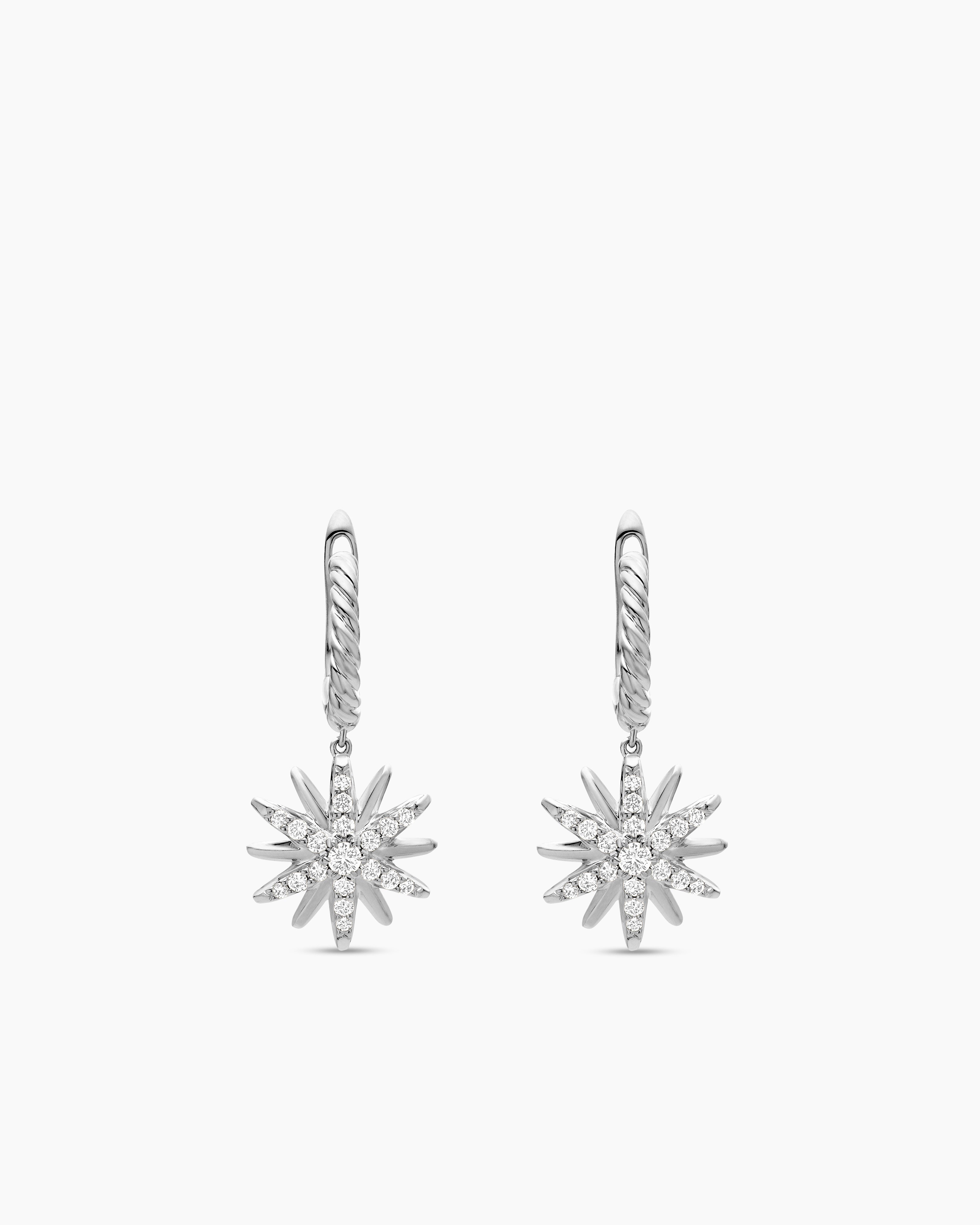 Womens Starburst Drop Earrings in Sterling Silver with Diamonds, 25mm