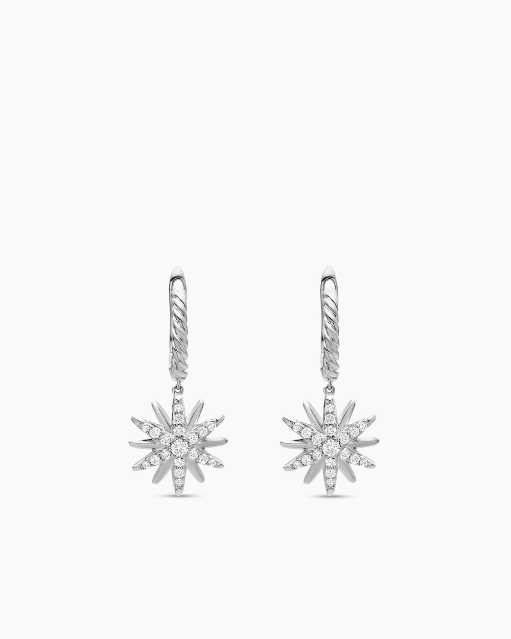Womens Starburst Drop Earrings in Sterling Silver with Diamonds, 25mm