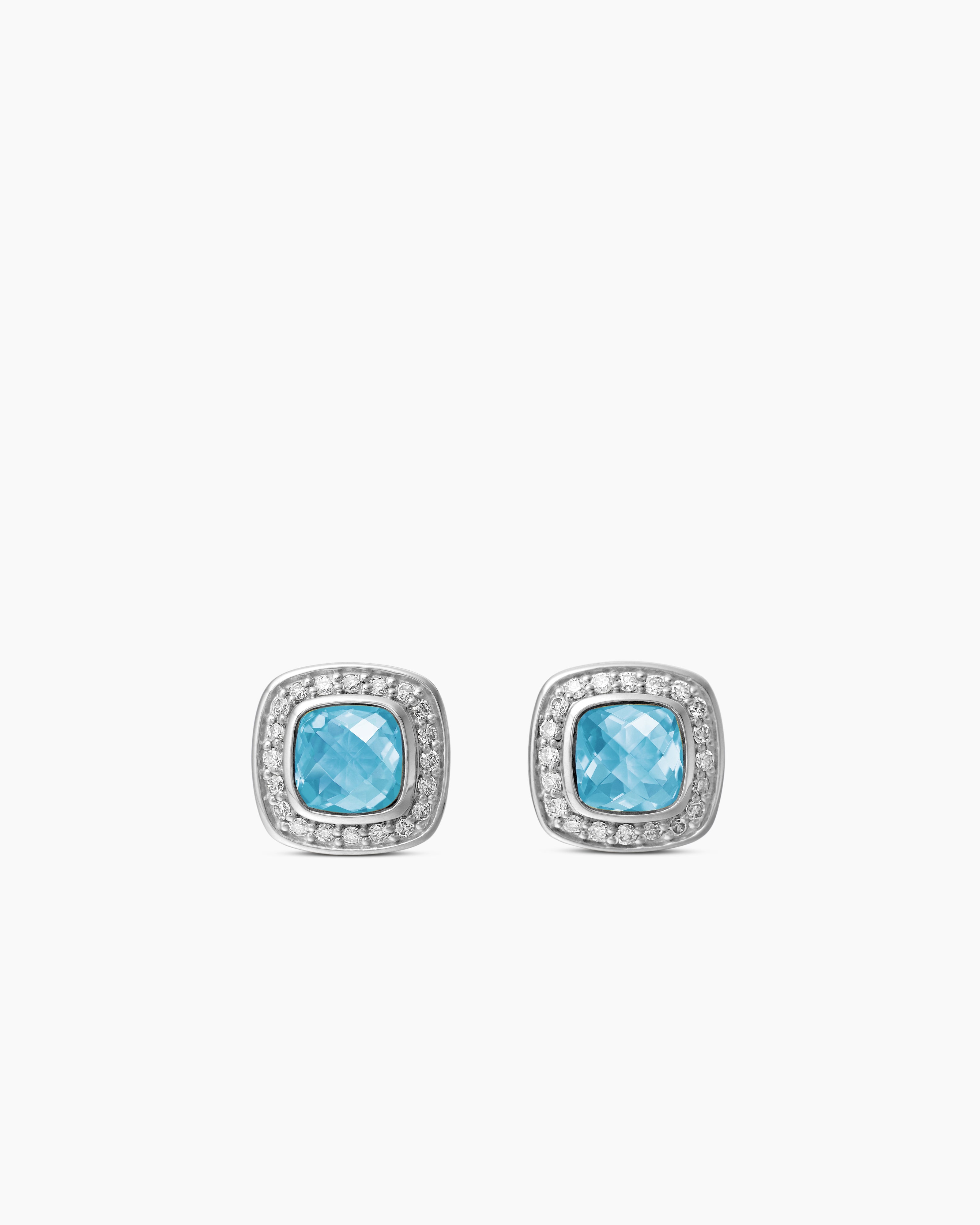 Womens Petite Albion&reg; Stud Earrings in Sterling Silver with Blue Topaz and Pav&eacute; Diamonds, 5mm