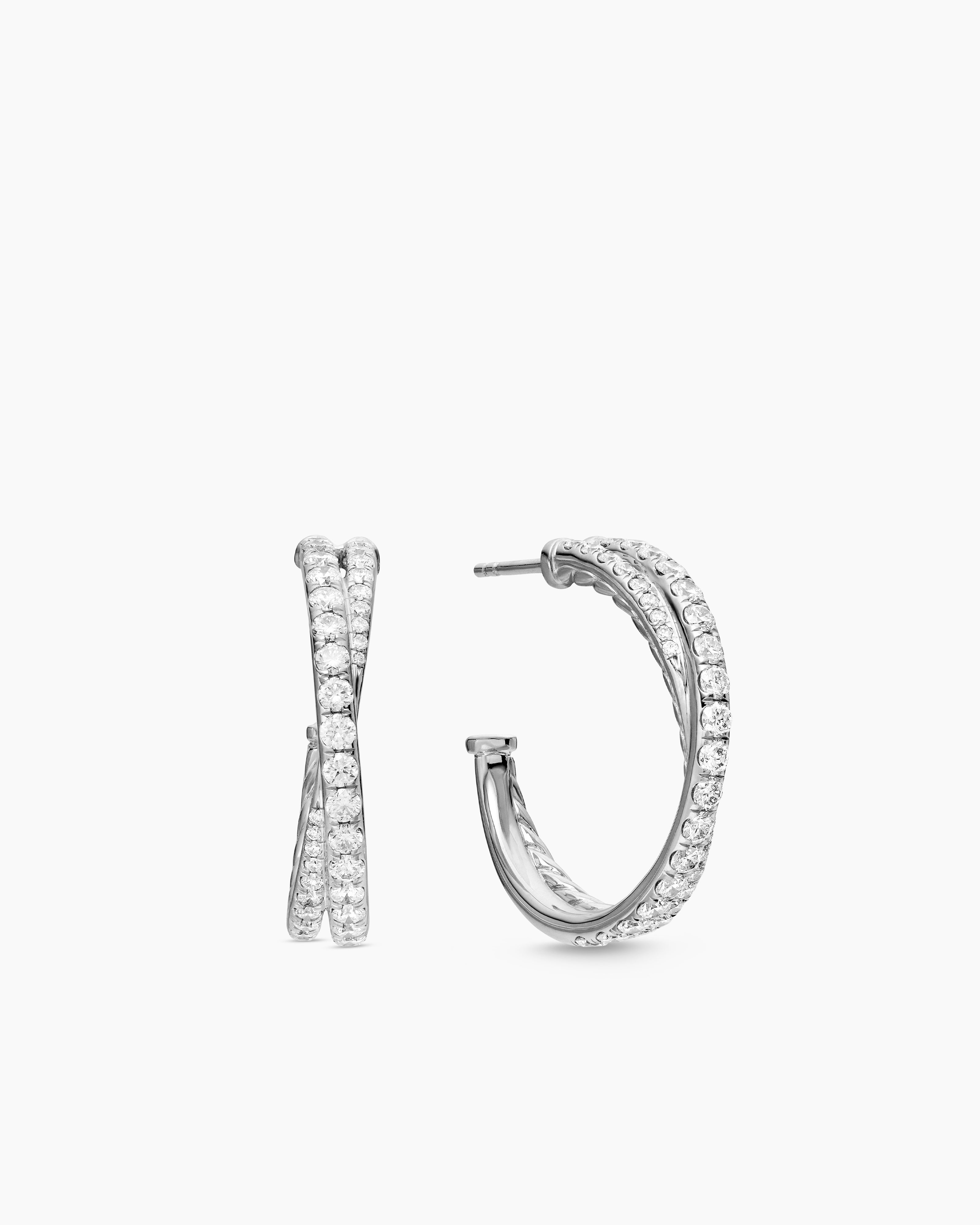 Womens Pav&eacute; Crossover Hoop Earrings in 18K White Gold with Diamonds, 24mm
