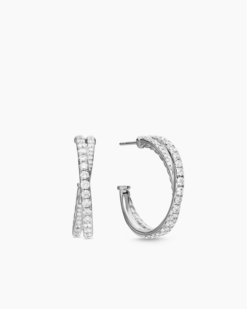Womens Pavé Crossover Hoop Earrings in 18K White Gold with Diamonds, 24mm