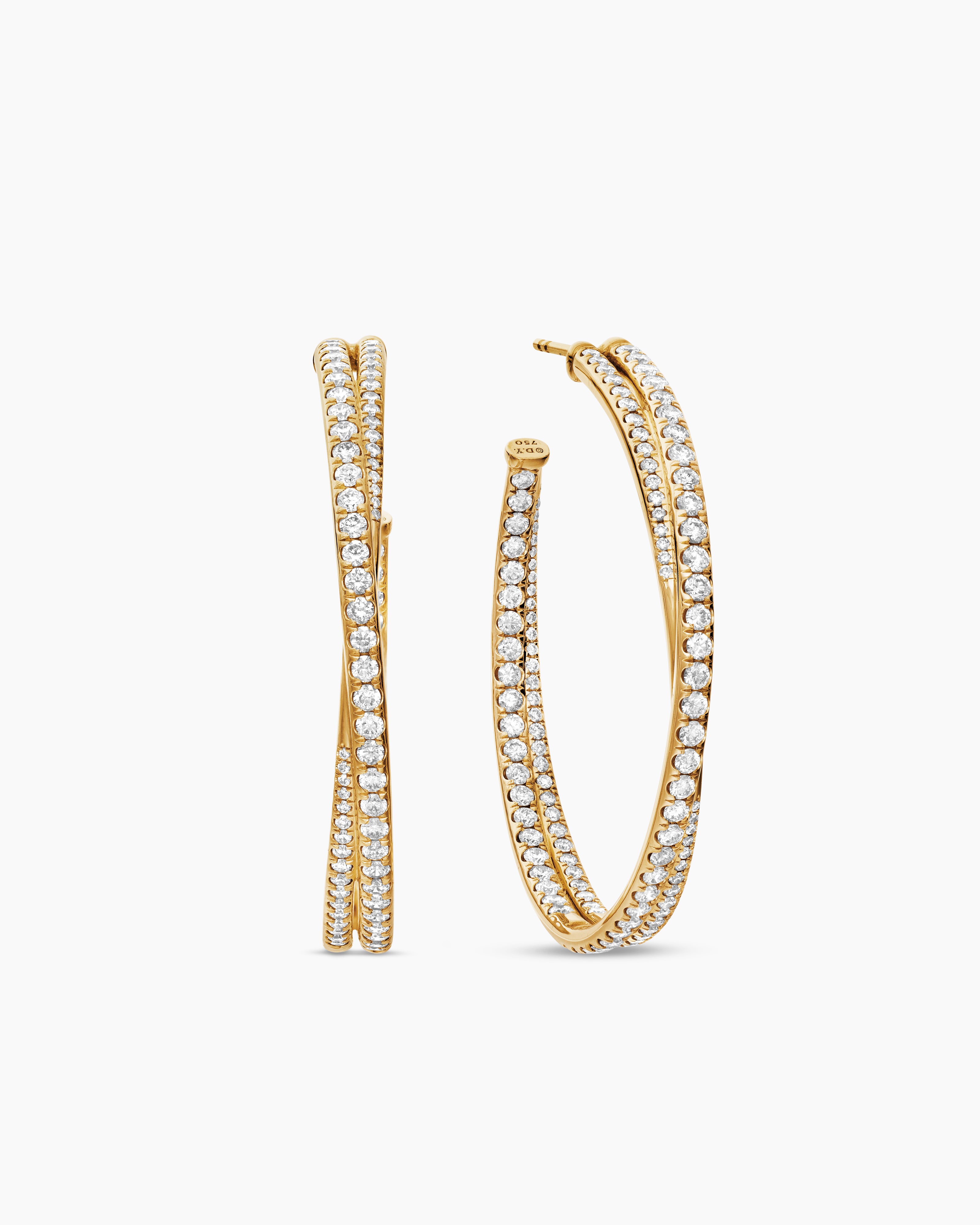 Womens Pav&eacute; Crossover Hoop Earrings in 18K Yellow Gold with Diamonds, 1.75in