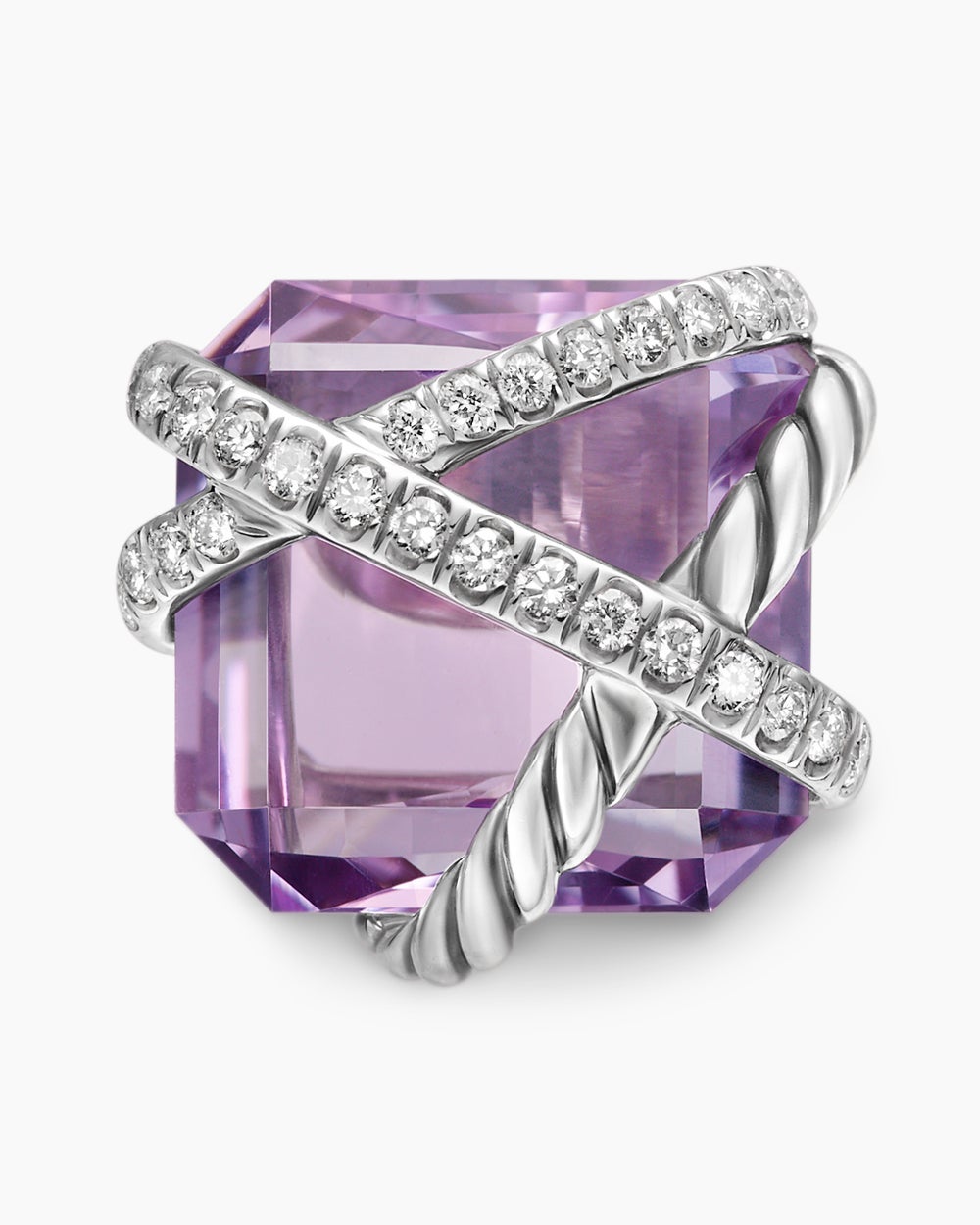 Womens Cable Wrap Stud Earrings in Sterling Silver with Lavender Amethyst and Diamonds, 12mm