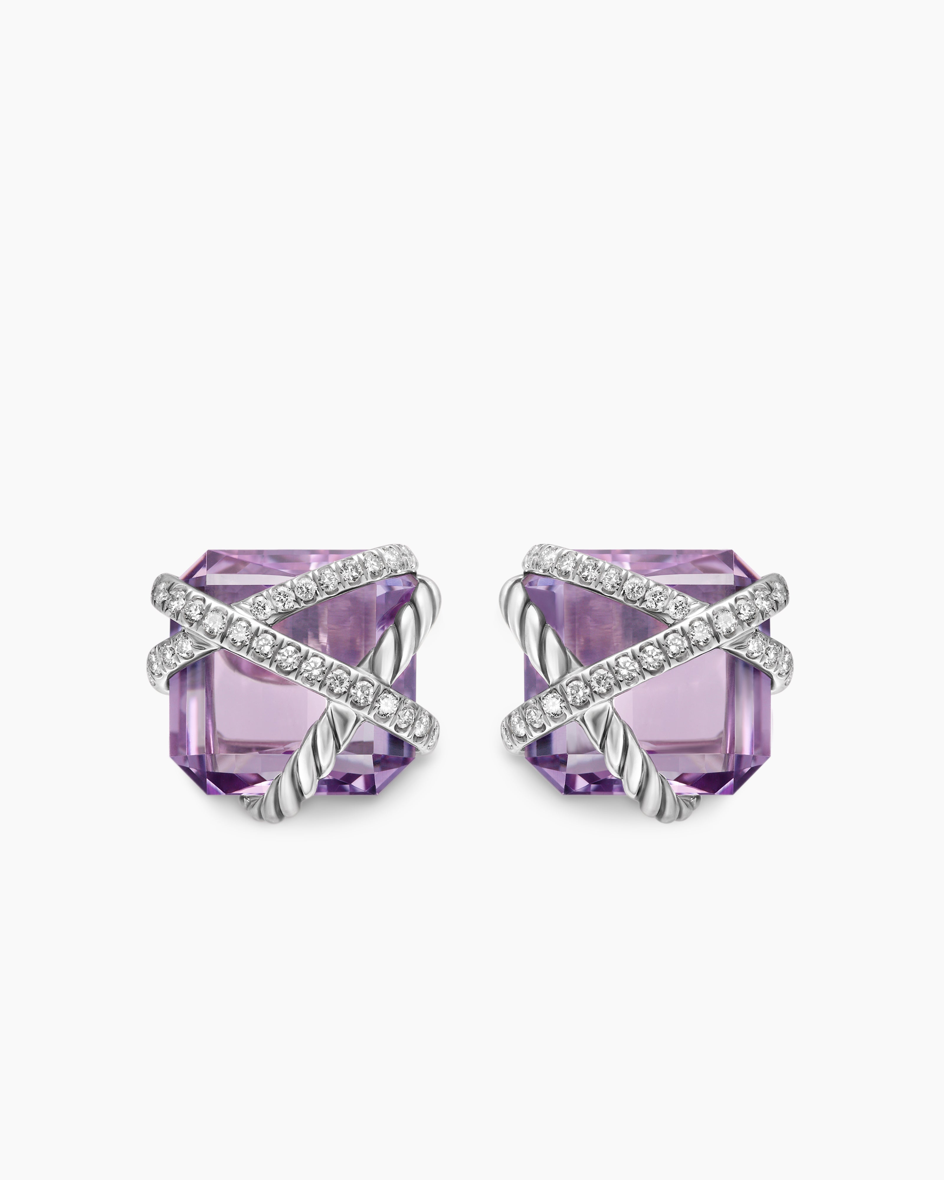 Womens Cable Wrap Stud Earrings in Sterling Silver with Lavender Amethyst and Diamonds, 12mm