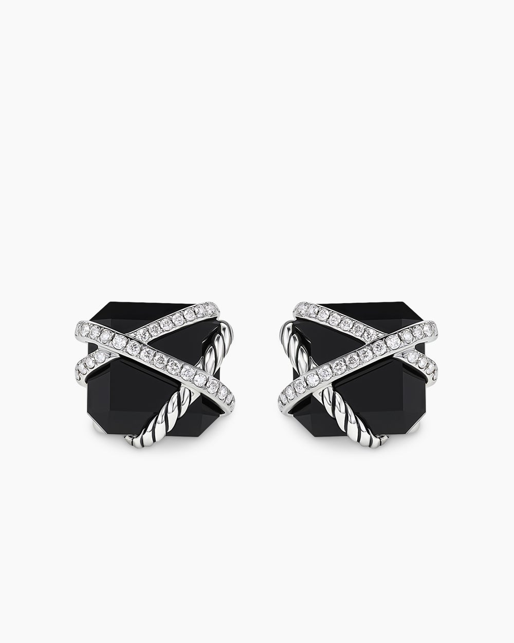 Womens Cable Wrap Stud Earrings in Sterling Silver with Black Onyx and Diamonds, 12mm