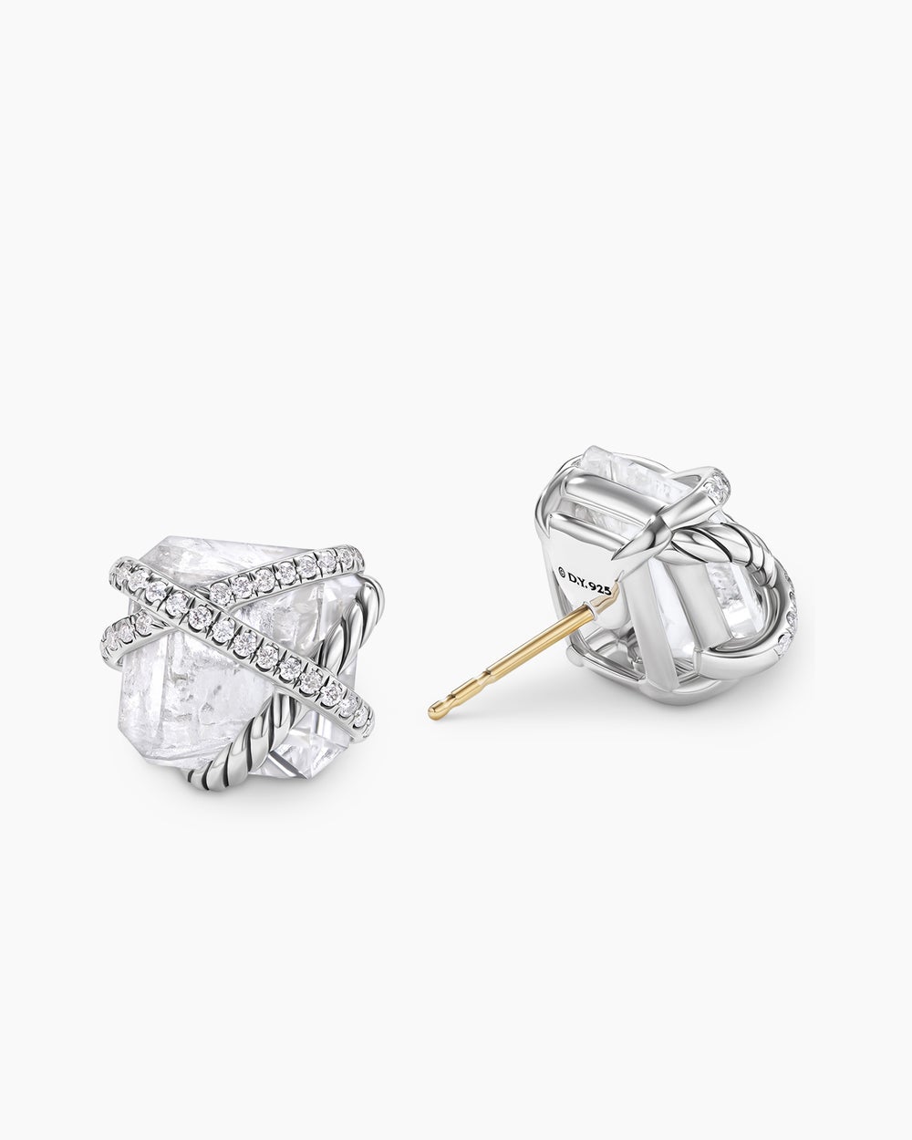 Womens Cable Wrap Stud Earrings in Sterling Silver with Crystals and Diamonds, 12mm