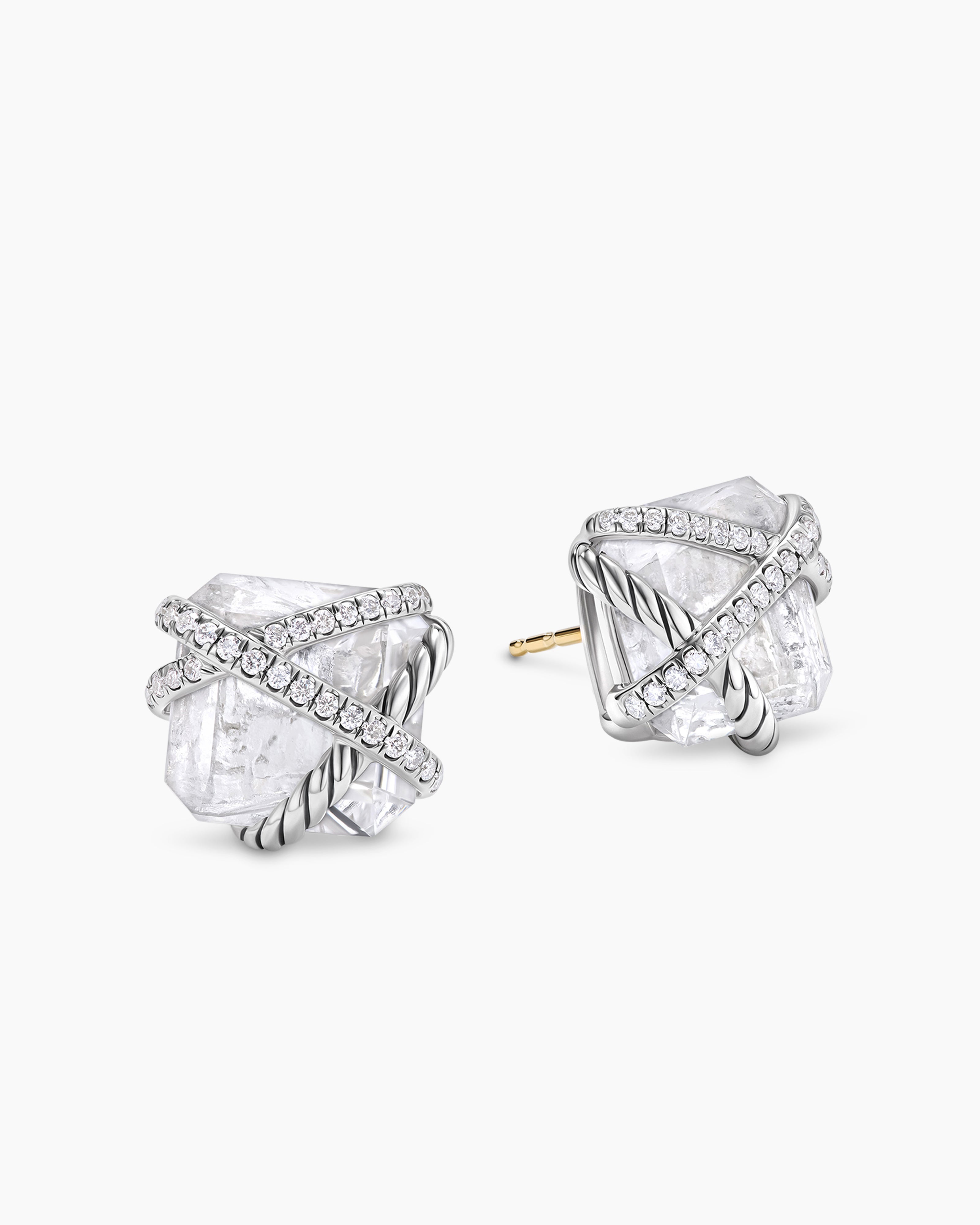 Womens Cable Wrap Stud Earrings in Sterling Silver with Crystals and Diamonds, 12mm