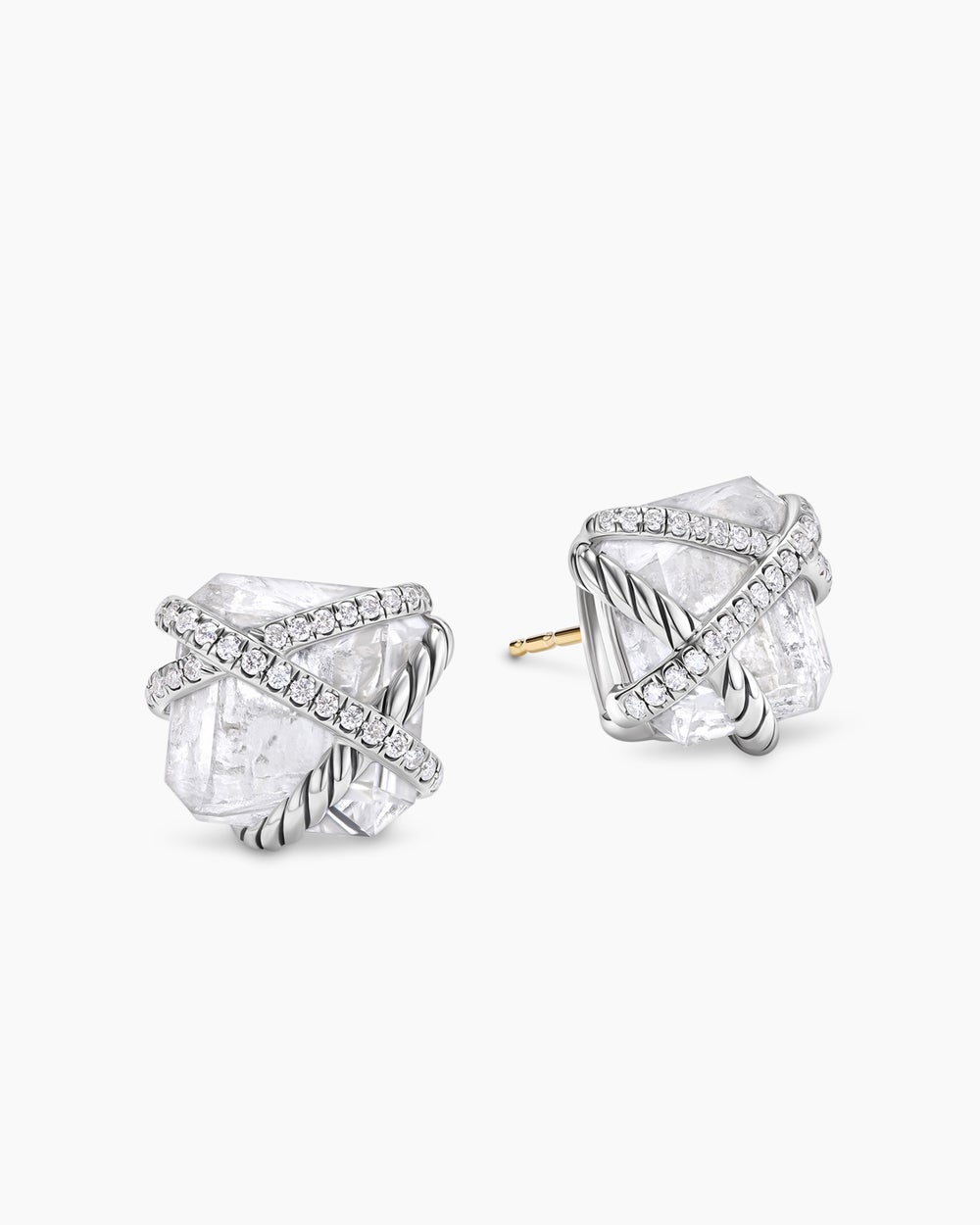 Womens Cable Wrap Stud Earrings in Sterling Silver with Crystals and Diamonds, 12mm