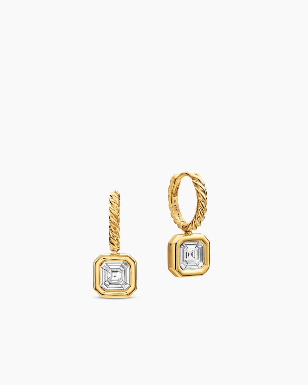 Womens Illusion Set Drop Earrings in 18K Yellow Gold with Square Diamonds, 7.7mm