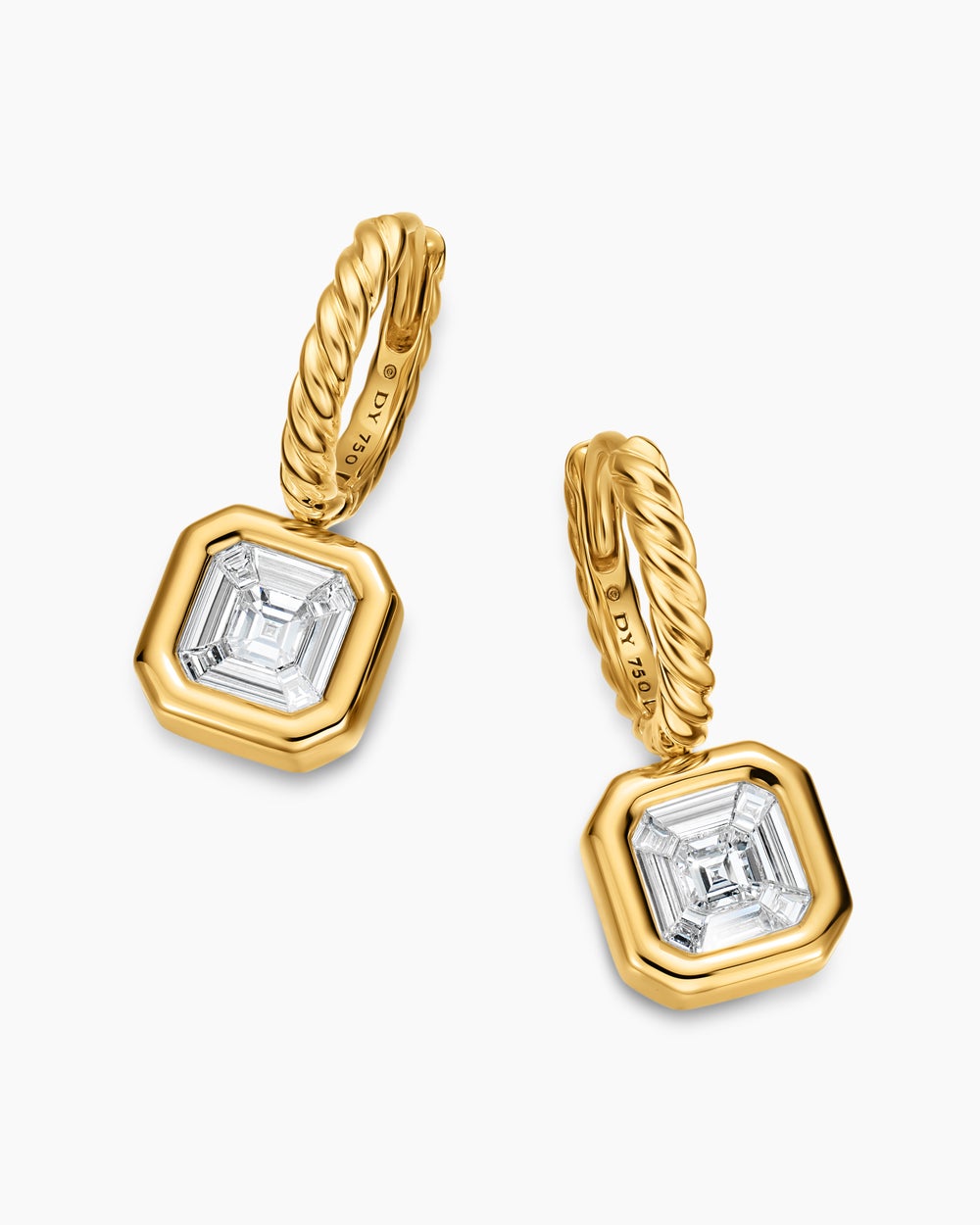 Womens Illusion Set Drop Earrings in 18K Yellow Gold with Square Diamonds, 7.7mm