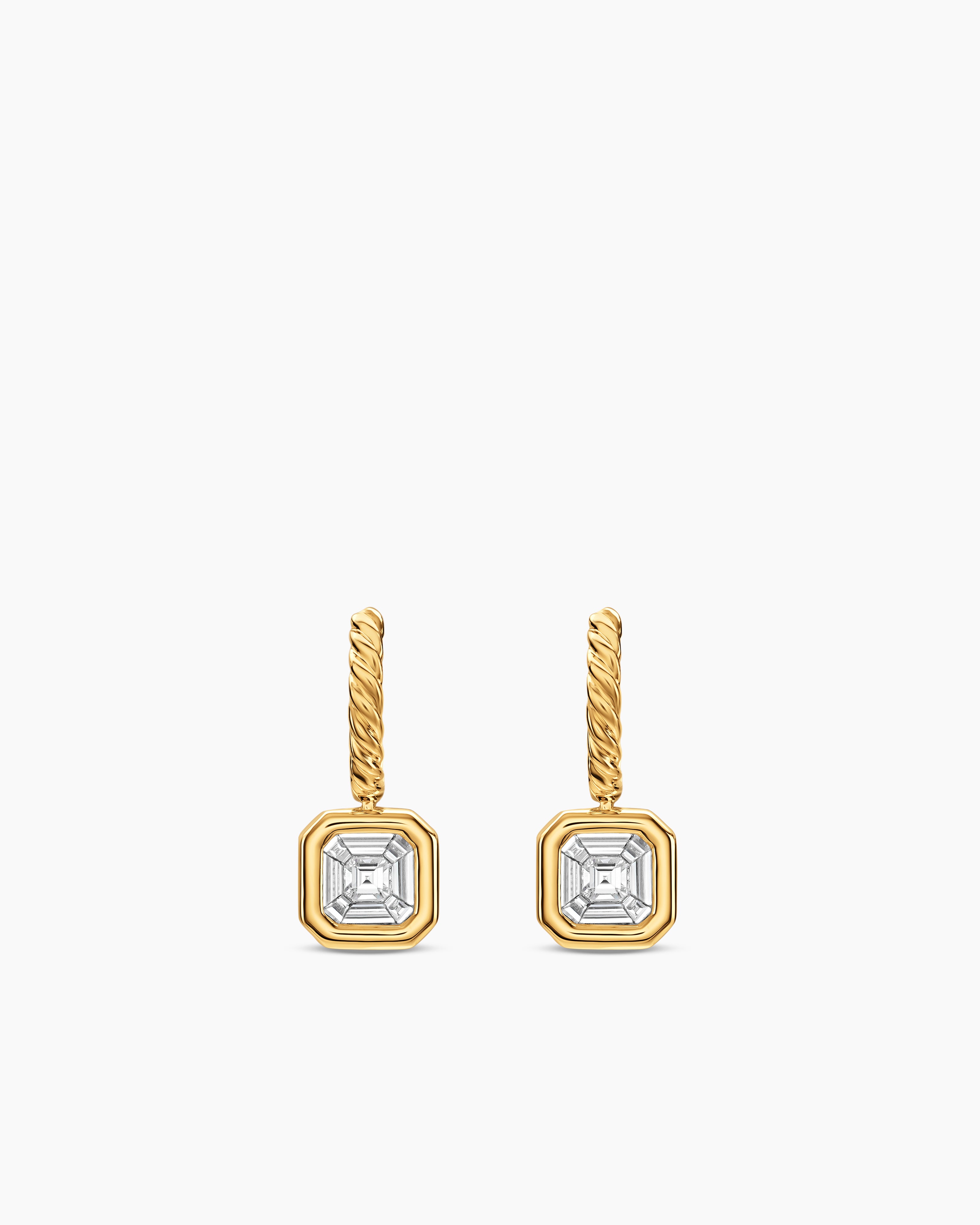 Womens Illusion Set Drop Earrings in 18K Yellow Gold with Square Diamonds, 7.7mm