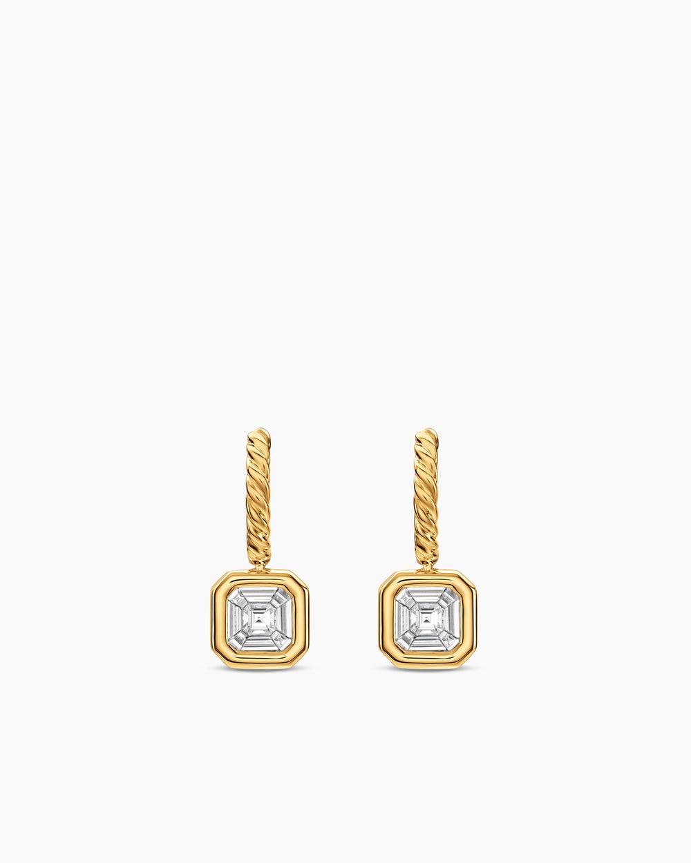 Womens Illusion Set Drop Earrings in 18K Yellow Gold with Square Diamonds, 7.7mm