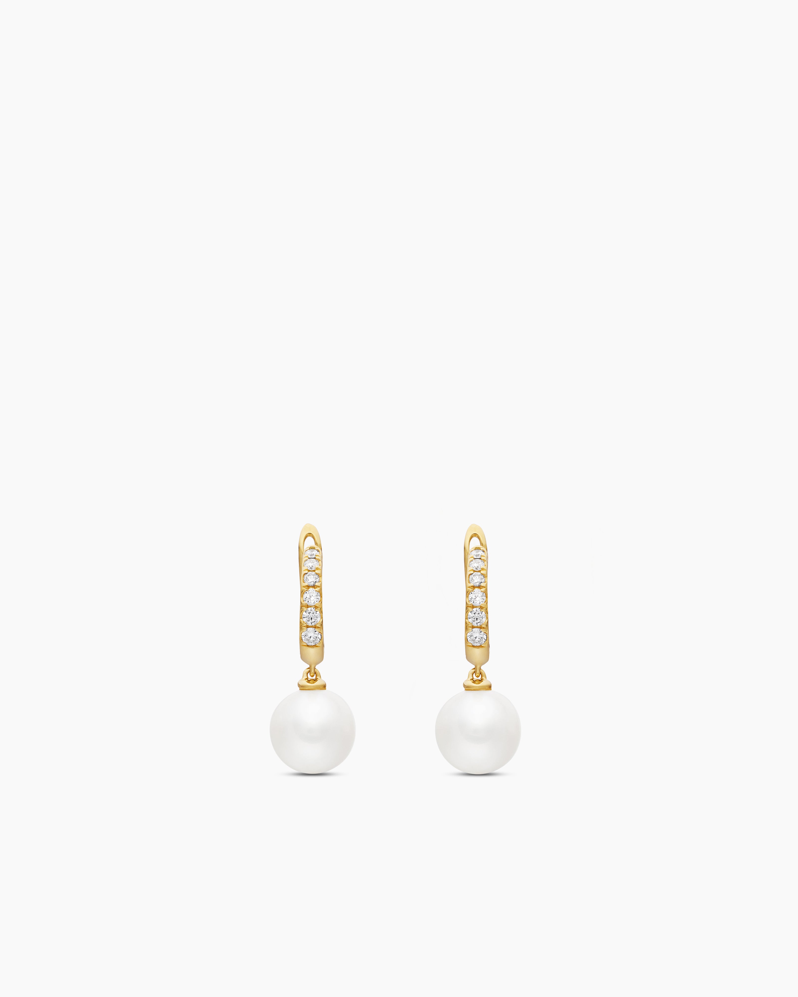 Womens Pearl and Pav&eacute; Drop Earrings in 18K Yellow Gold with Pearls and Diamonds, 15.6mm