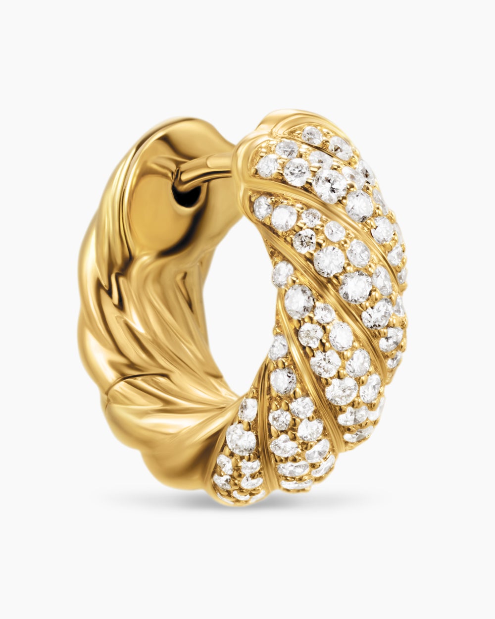 Womens Sculpted Cable Hoop Earrings in 18K Yellow Gold with Diamonds, 14.4mm
