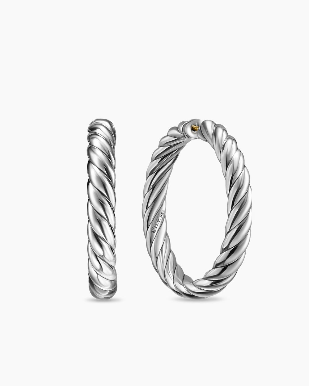 Womens Sculpted Cable Hoop Earrings in Sterling Silver, 38mm