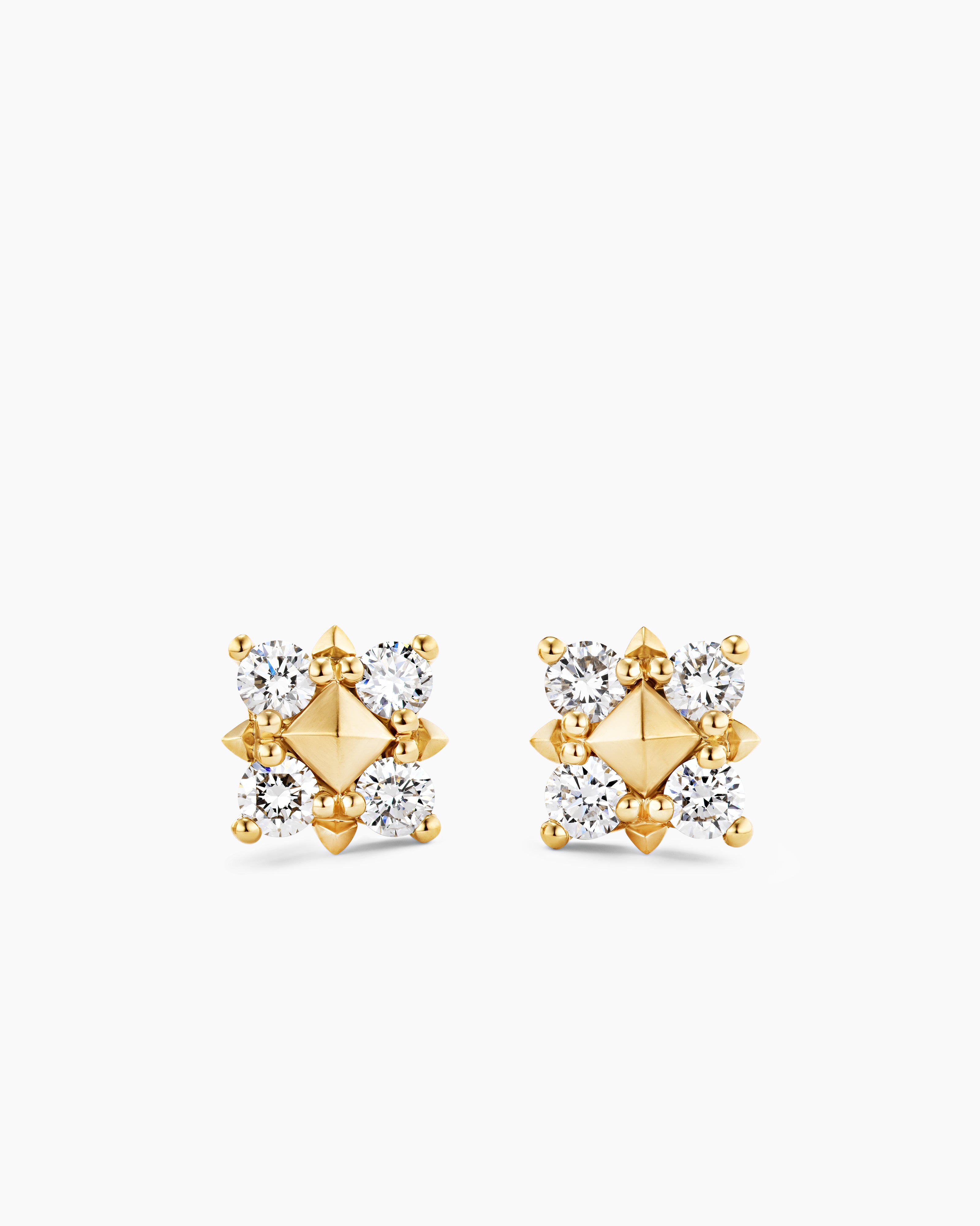 Womens Petite Modern Renaissance&reg; Pyramid Stud Earrings in 18K Yellow Gold with Diamonds, 8mm