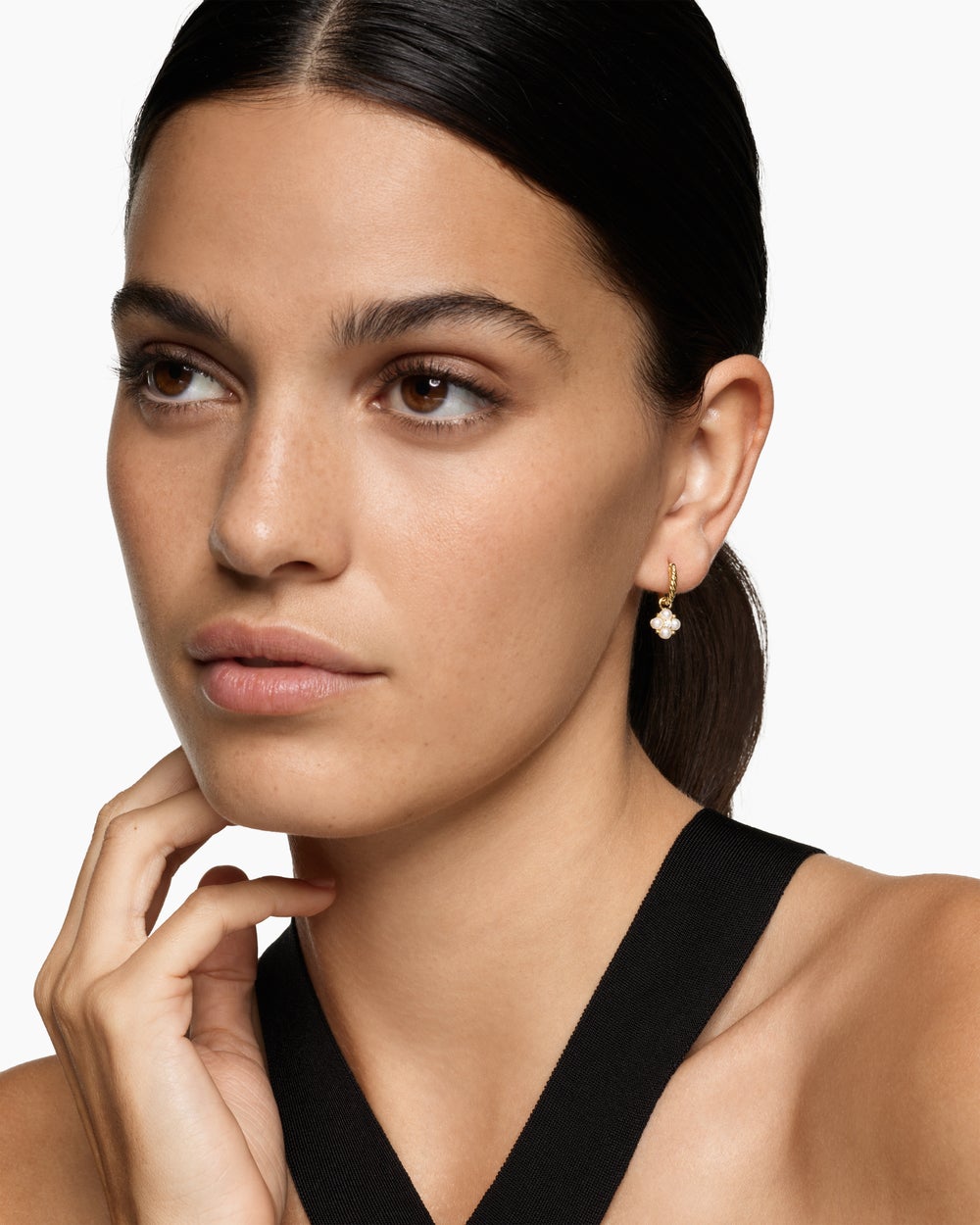 Womens Petite Modern Renaissance® Pearl Drop Earrings in 18K Yellow Gold with Diamonds, 18mm