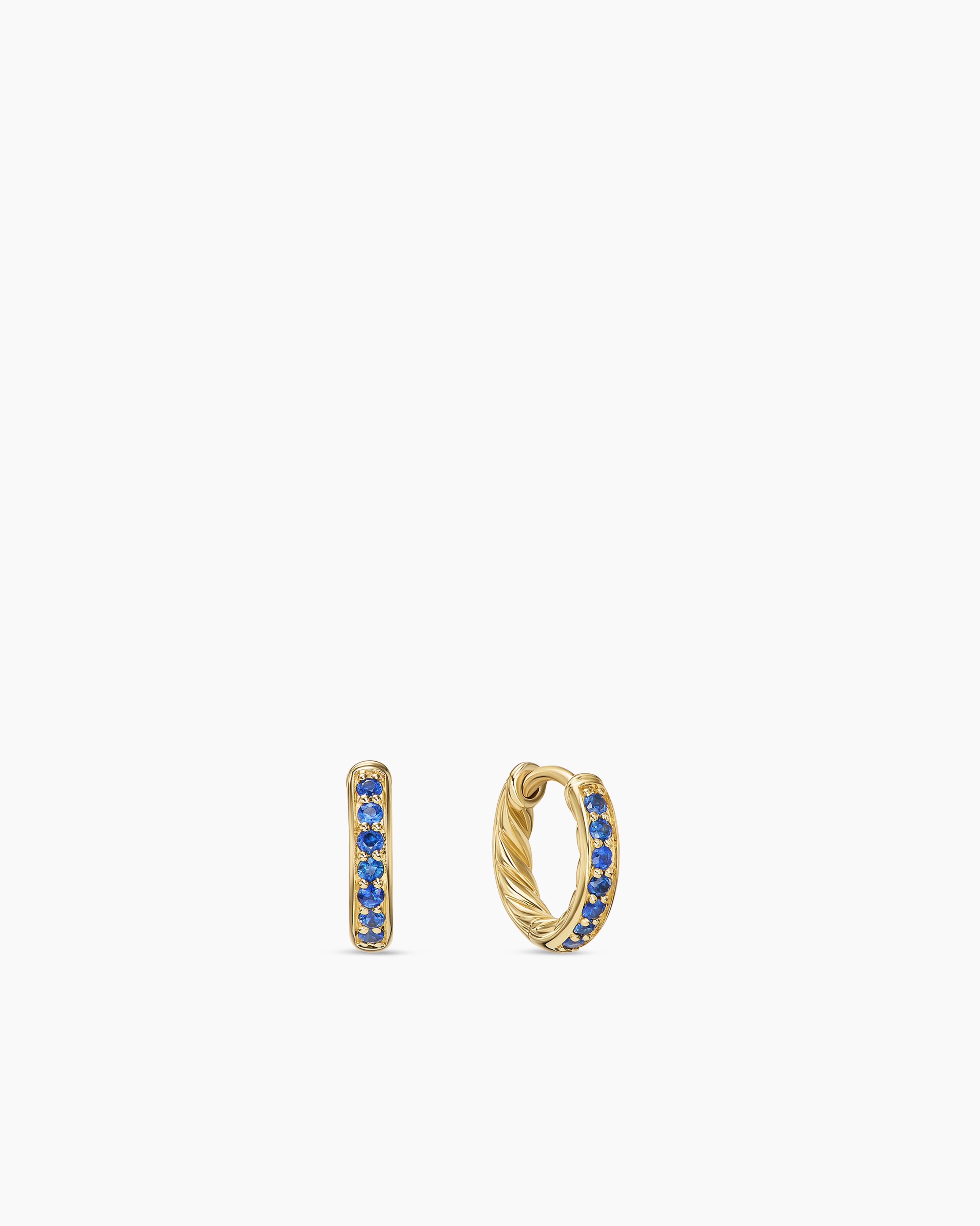 Womens Petite Pav&eacute; Huggie Hoop Earrings in 18K Yellow Gold with Blue Sapphires, 12mm