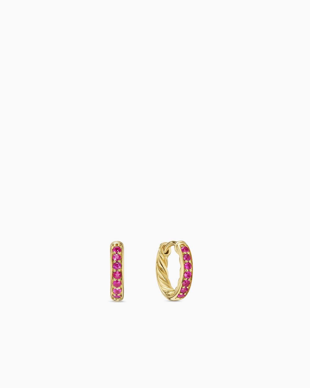 Womens Petite Pavé Huggie Hoop Earrings in 18K Yellow Gold with Rubies, 12mm