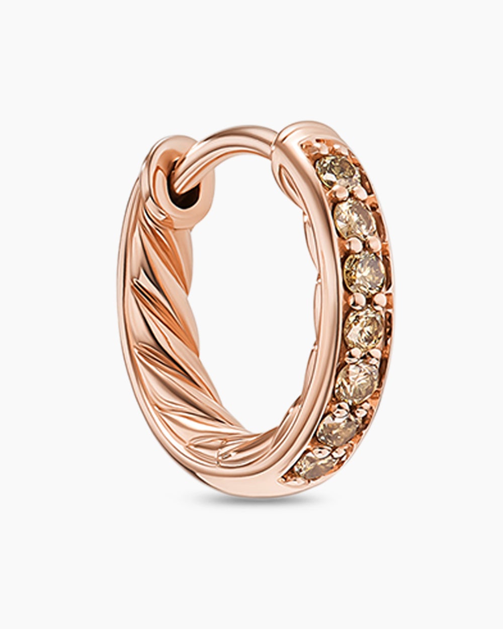 Womens Petite Pavé Huggie Hoop Earrings in 18K Rose Gold with Cognac Diamonds, 12mm