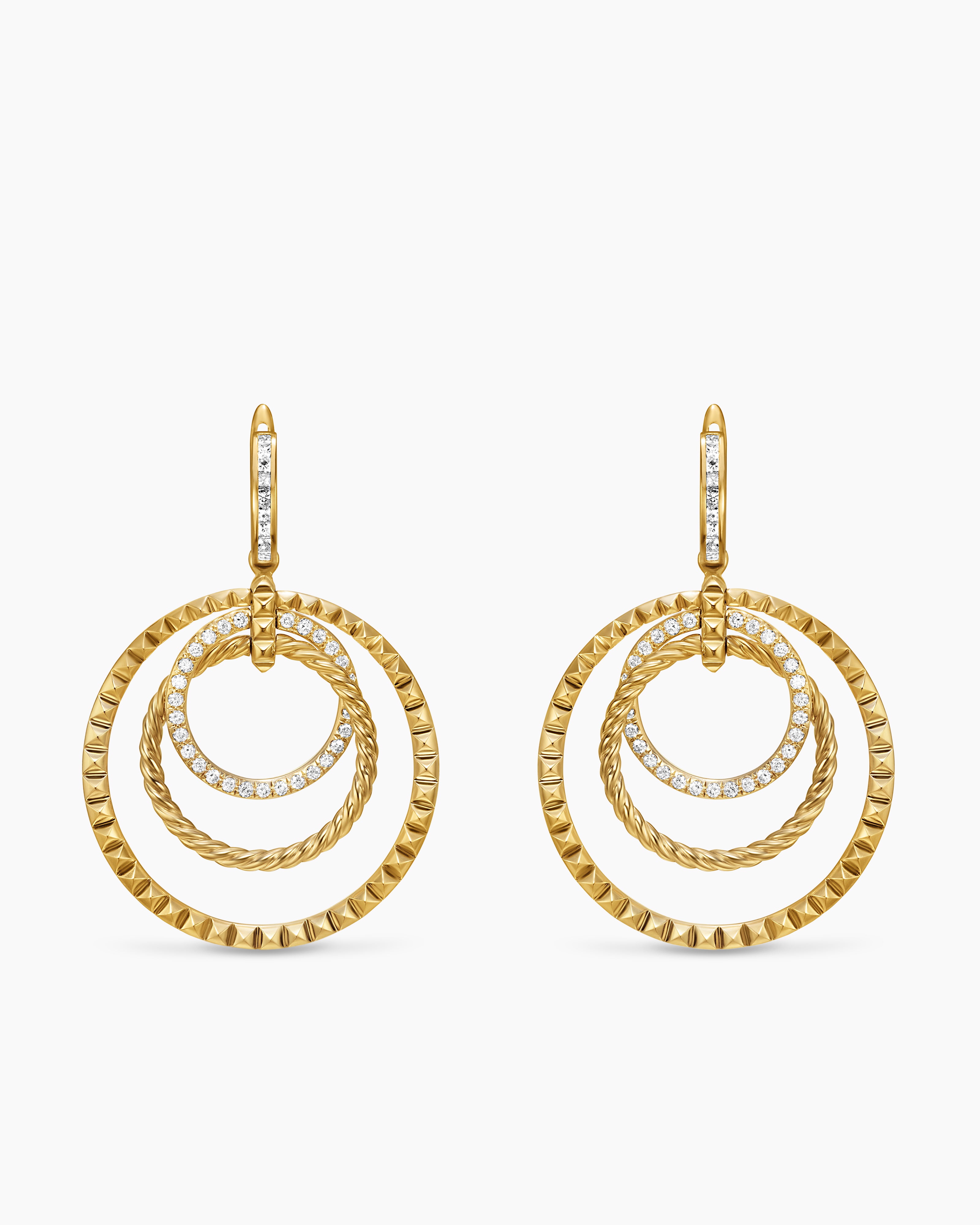 Womens Crossover Trio Drop Earrings in 18K Yellow Gold with Diamonds, 35mm