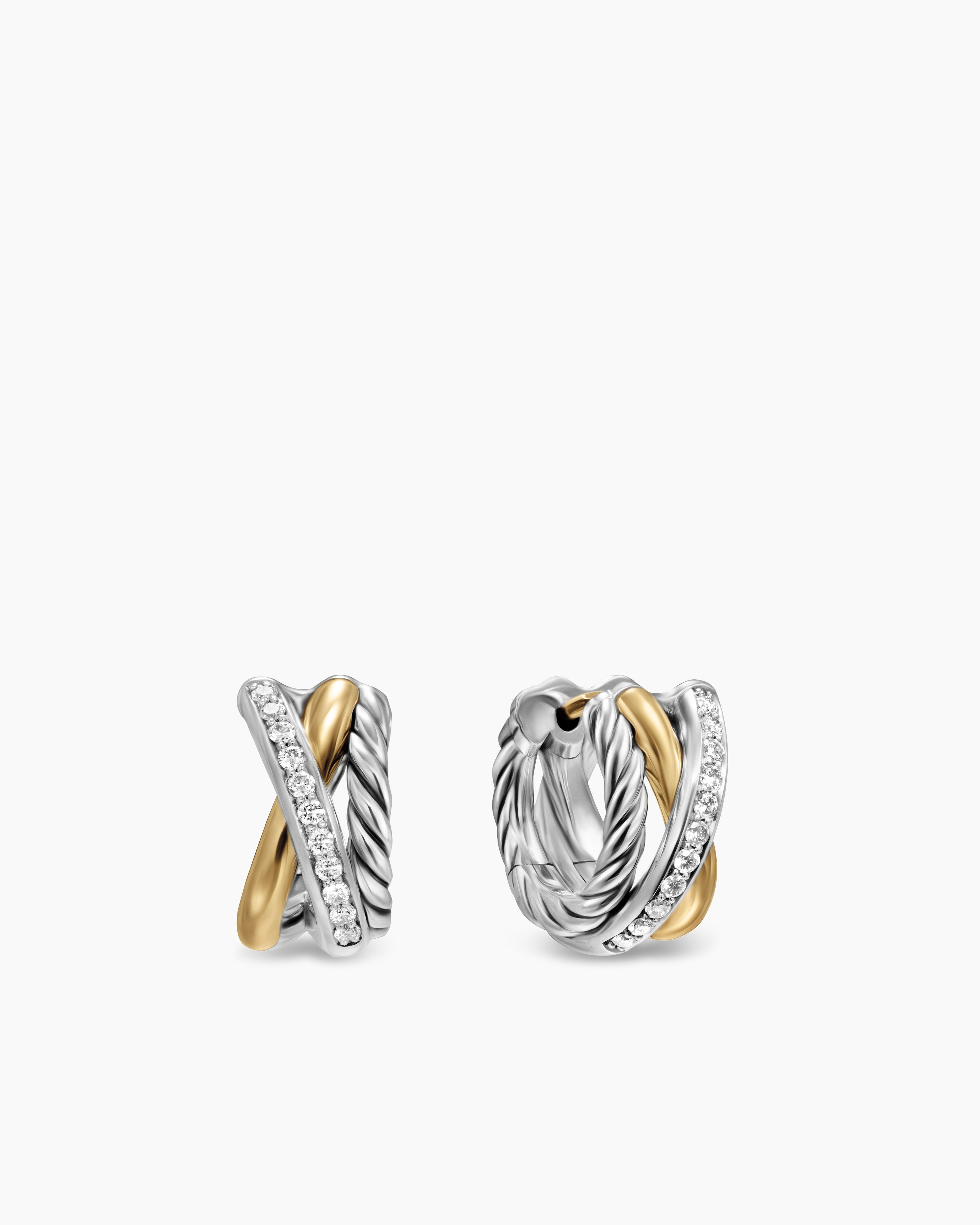 Womens Crossover Three Row Huggie Hoop Earrings in Sterling Silver with 18K Yellow Gold, 13mm
