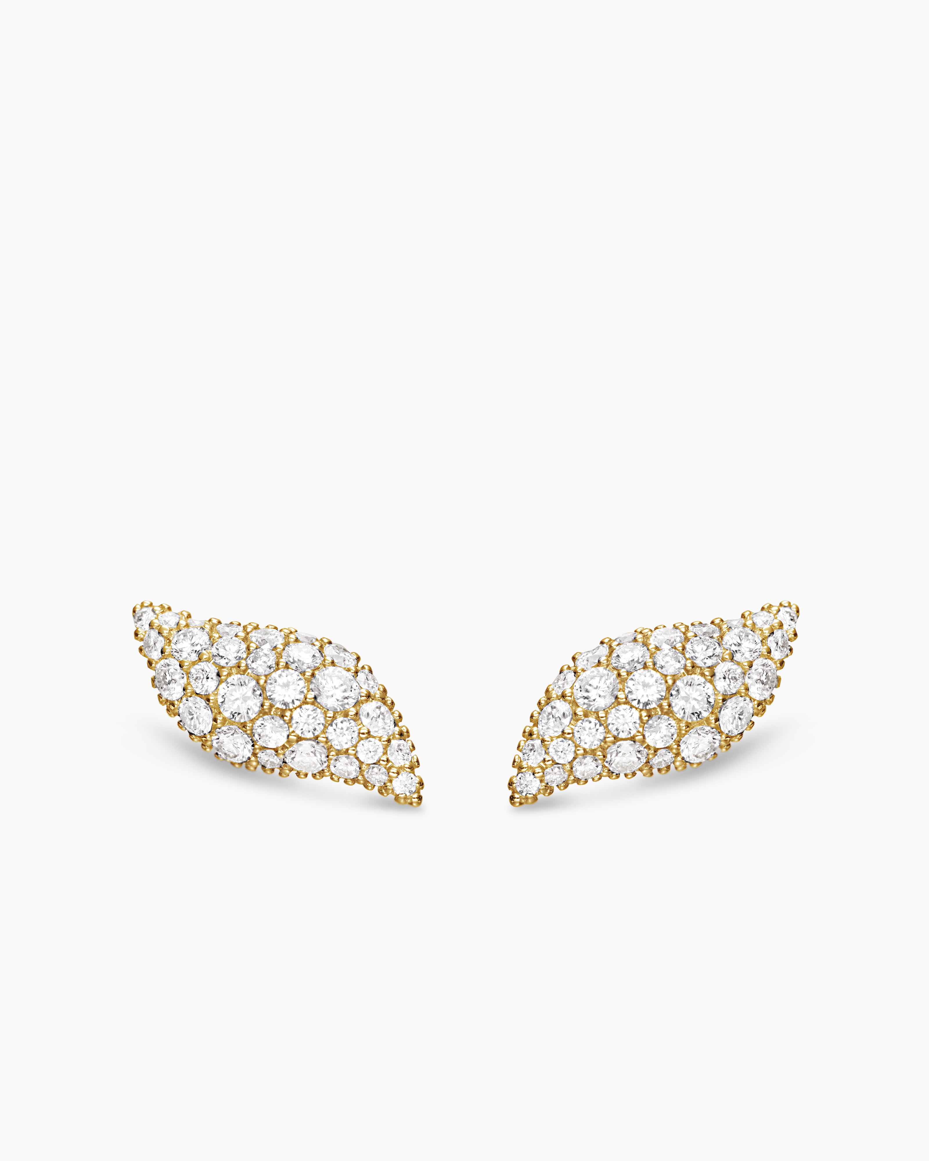 Womens Petite Pav&eacute; Flute Stud Earrings in 18K Yellow Gold with Diamonds, 10.6mm