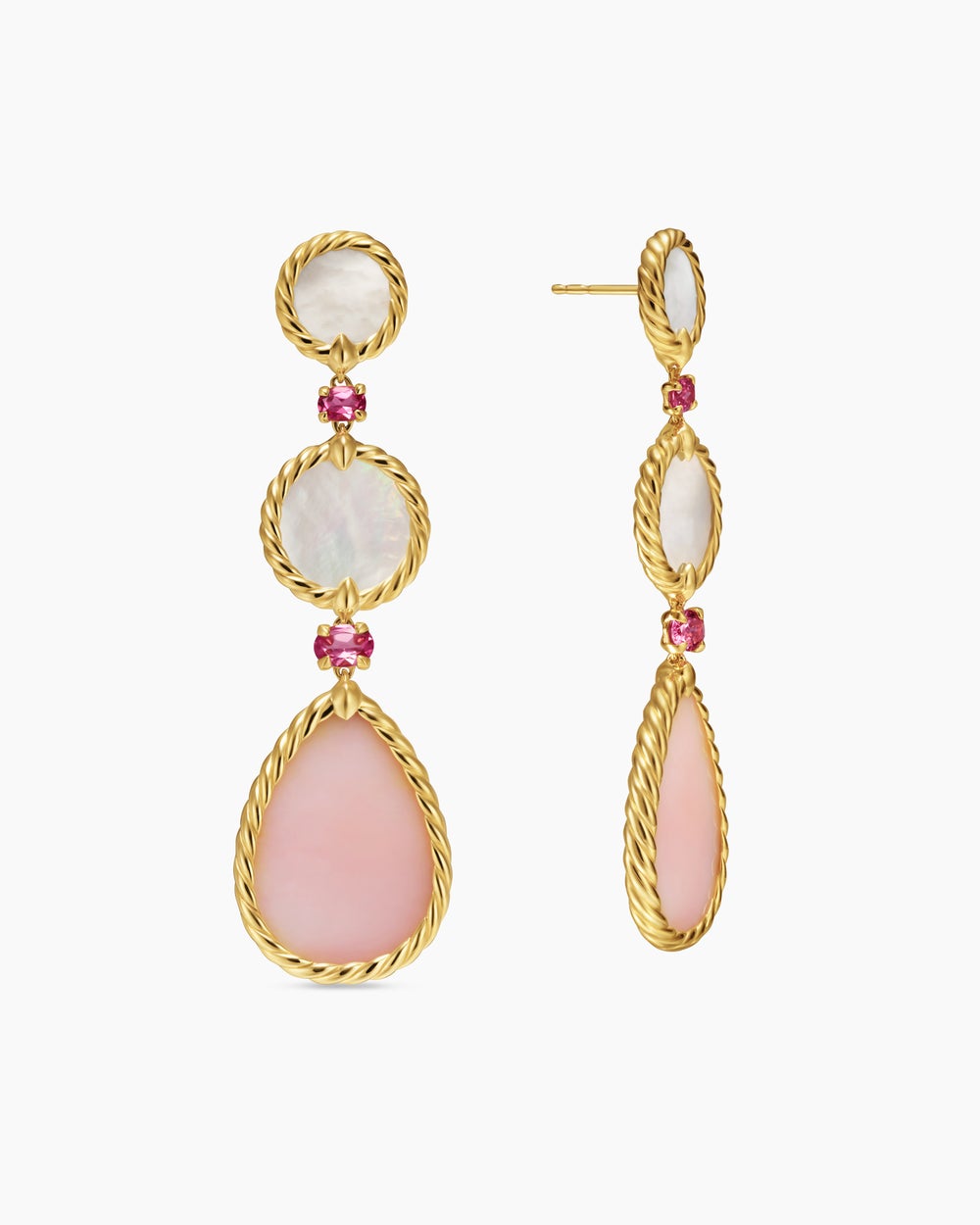 Womens DY Elements® Statement Drop Earrings in 18K Yellow Gold with Pink Opal, Mother of Pearl and Pink Tourmaline, 70mm