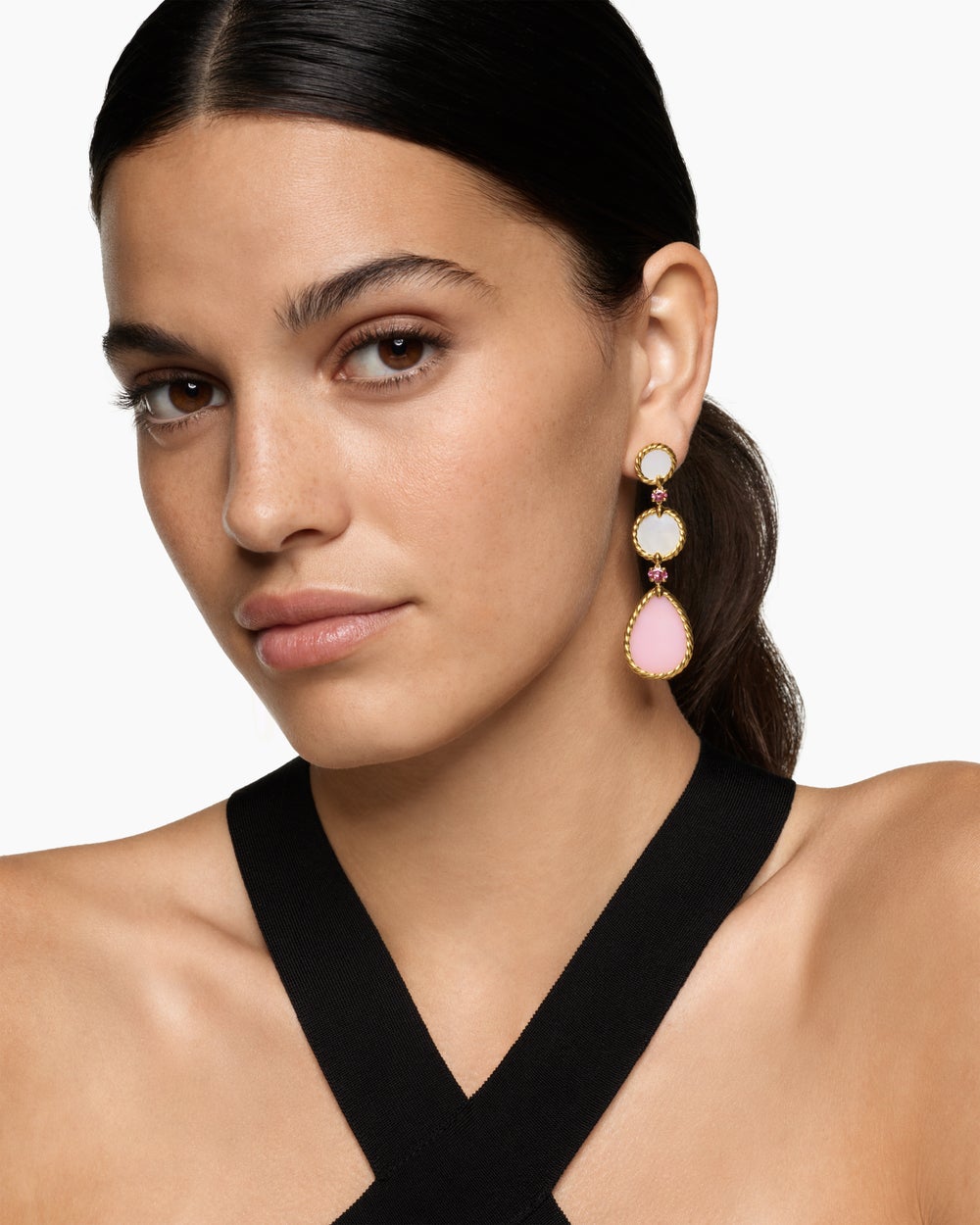 Womens DY Elements® Statement Drop Earrings in 18K Yellow Gold with Pink Opal, Mother of Pearl and Pink Tourmaline, 70mm