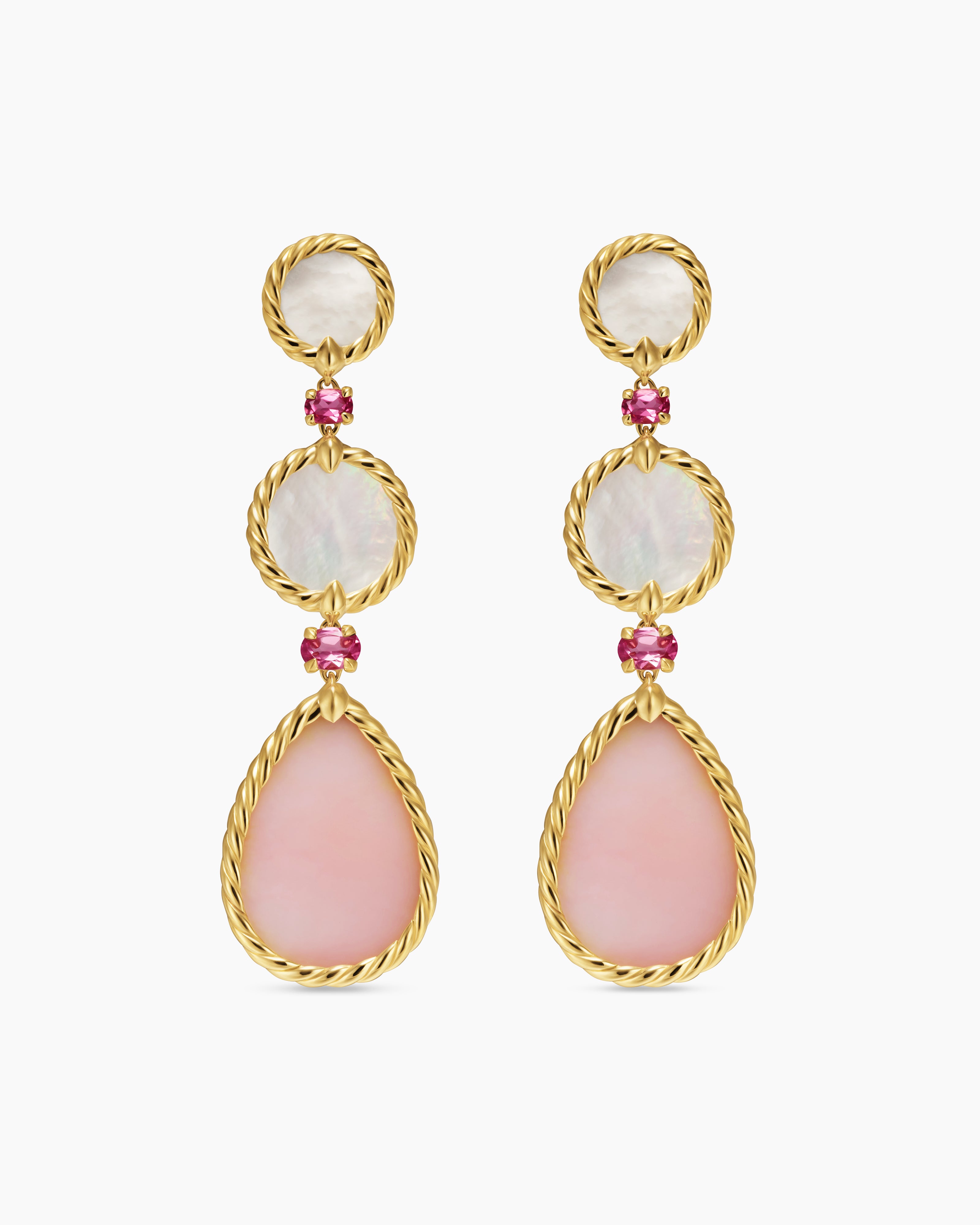 Womens DY Elements&reg; Statement Drop Earrings in 18K Yellow Gold with Pink Opal, Mother of Pearl and Pink Tourmaline, 70mm
