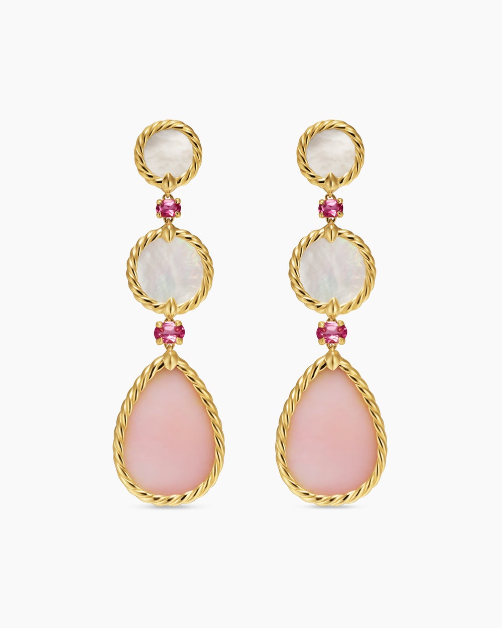 Womens DY Elements® Statement Drop Earrings in 18K Yellow Gold with Pink Opal, Mother of Pearl and Pink Tourmaline, 70mm