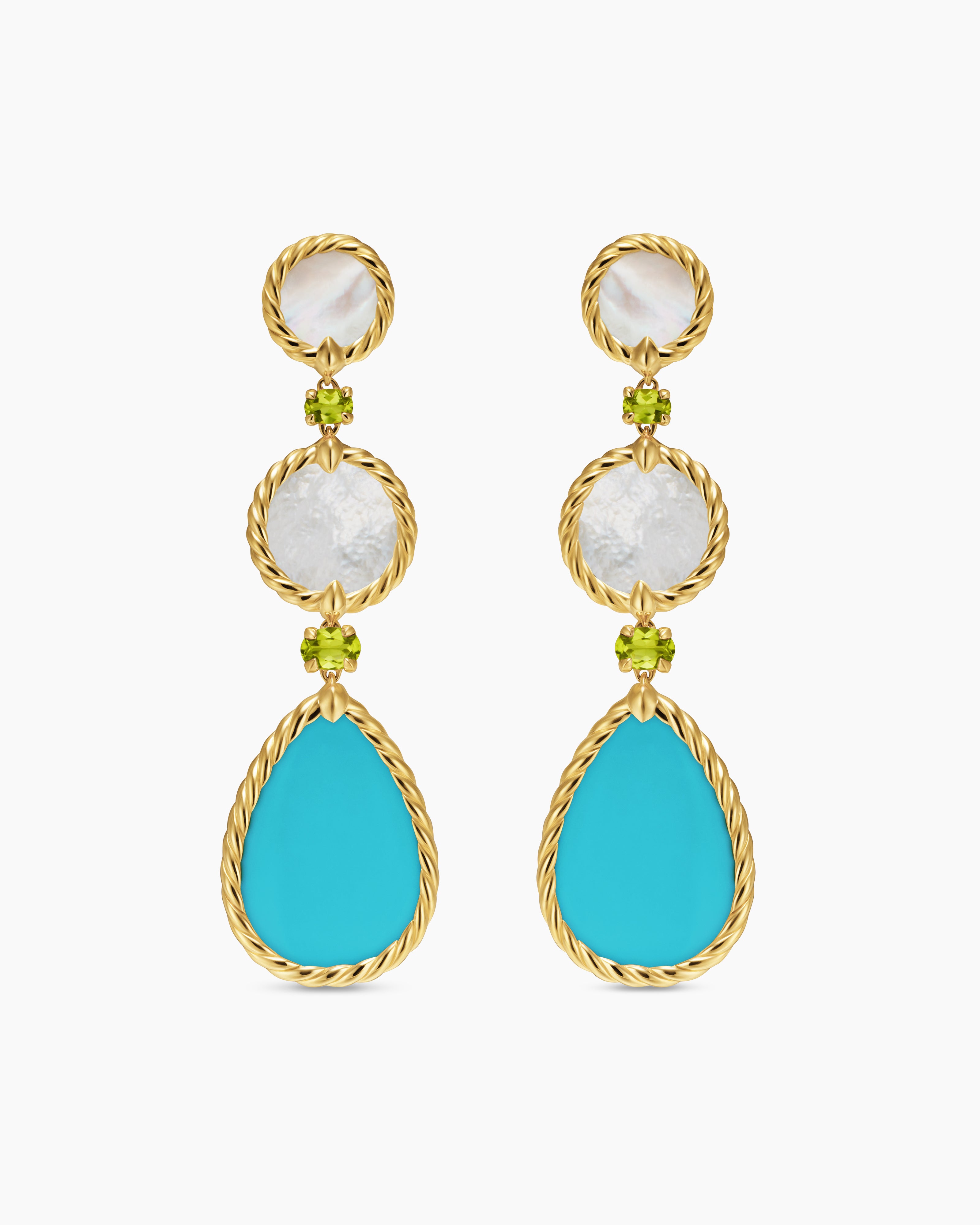 Womens DY Elements&reg; Statement Drop Earrings in 18K Yellow Gold with Turquoise, Mother of Pearl and Peridot, 70mm