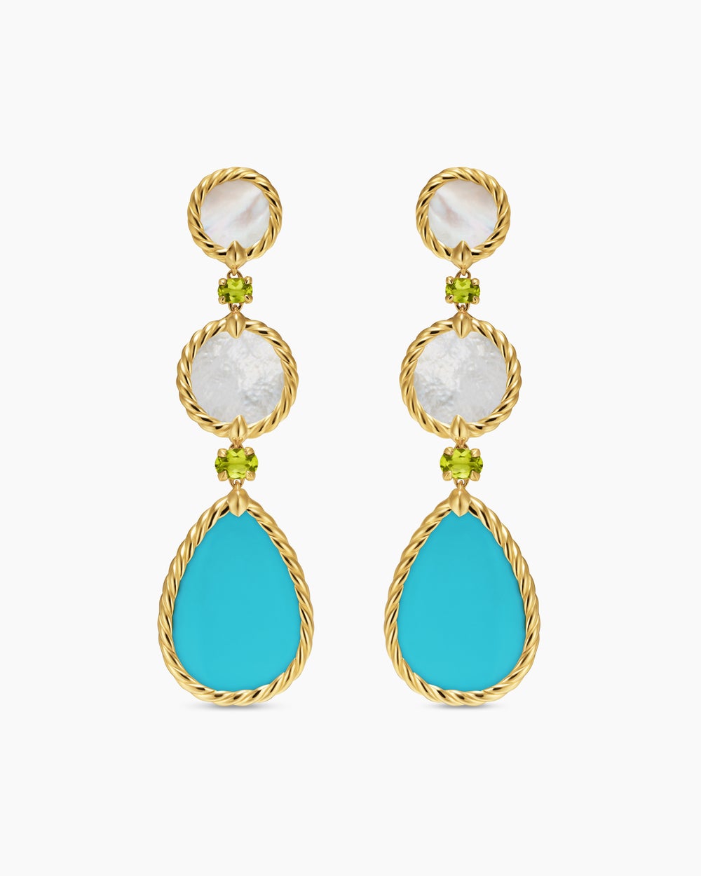 Womens DY Elements® Statement Drop Earrings in 18K Yellow Gold with Turquoise, Mother of Pearl and Peridot, 70mm