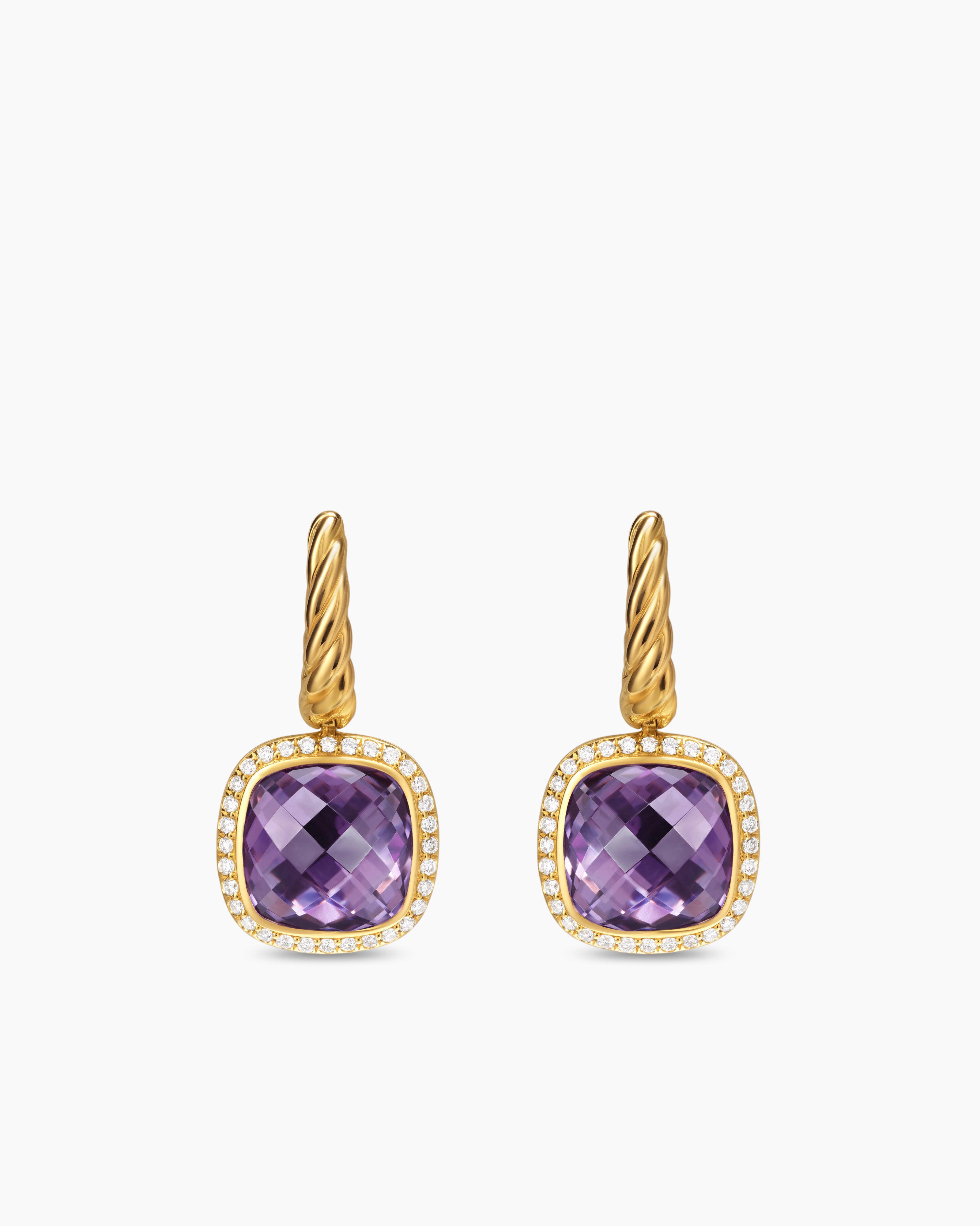 Womens Albion&reg; Drop Earrings in 18K Yellow Gold with Amethyst and Diamonds, 10mm
