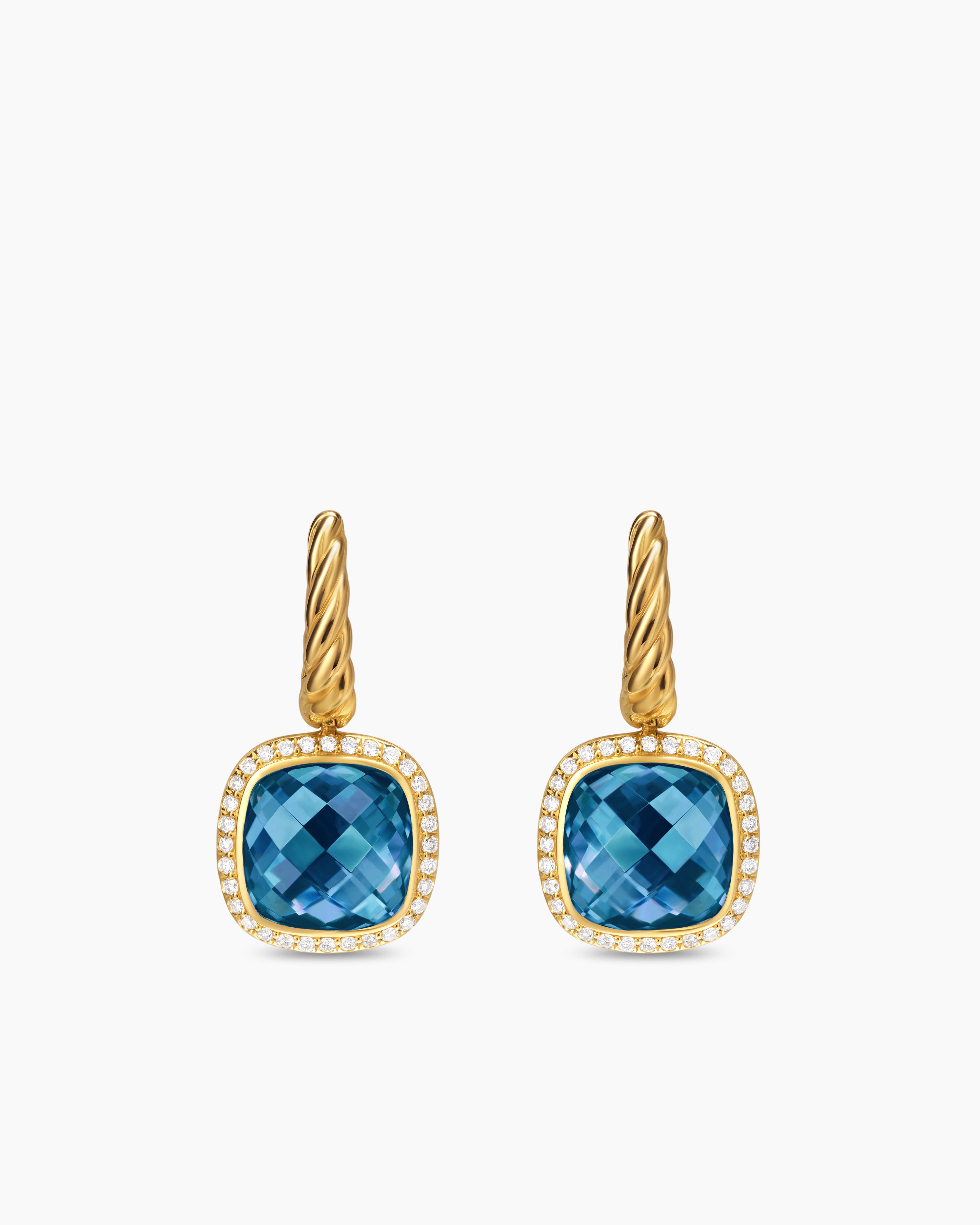 Womens Albion&reg; Drop Earrings in 18K Yellow Gold with Hampton Blue Topaz and Diamonds, 10mm