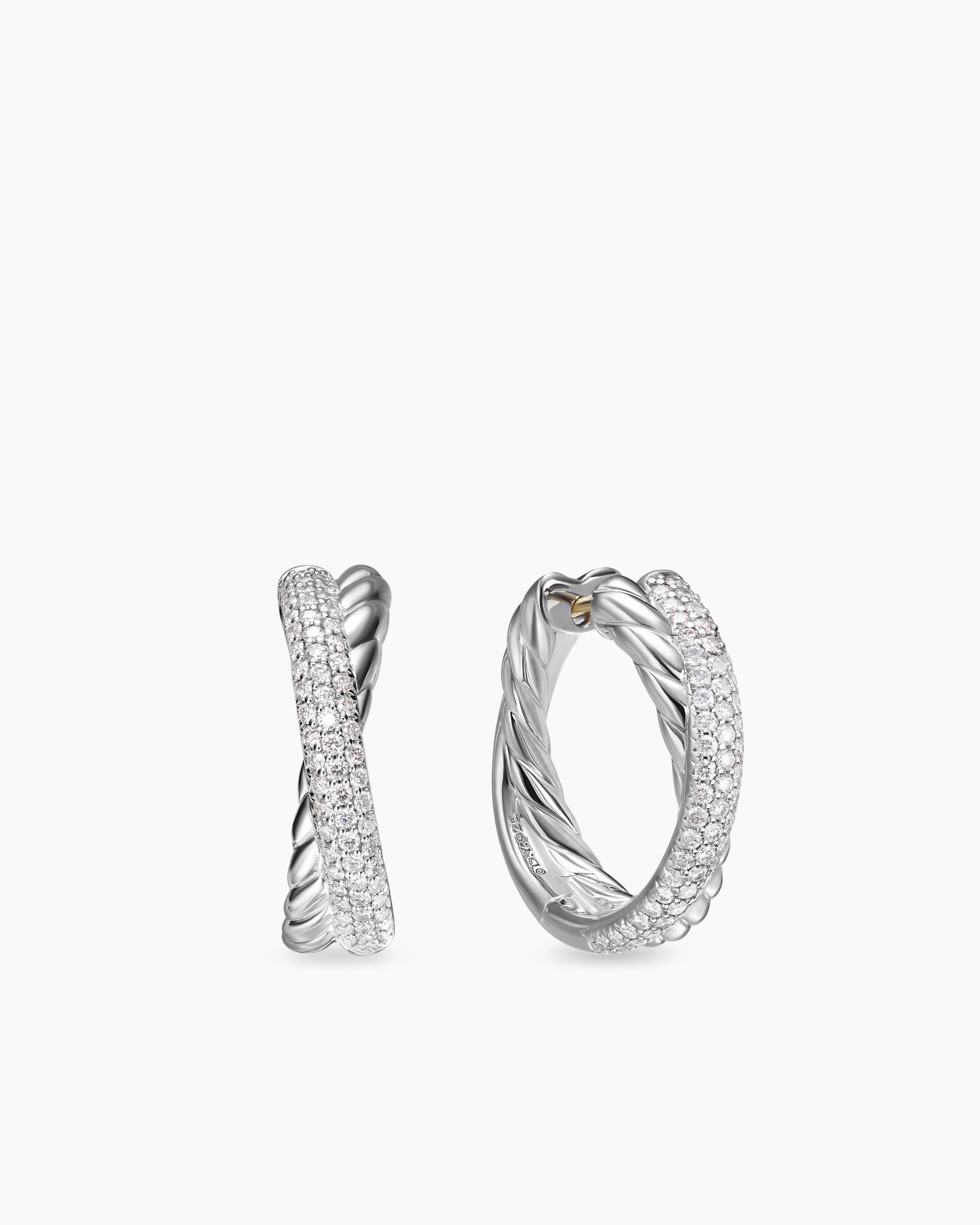 Womens Crossover Hoop Earrings in Sterling Silver with Diamonds, 22.3mm