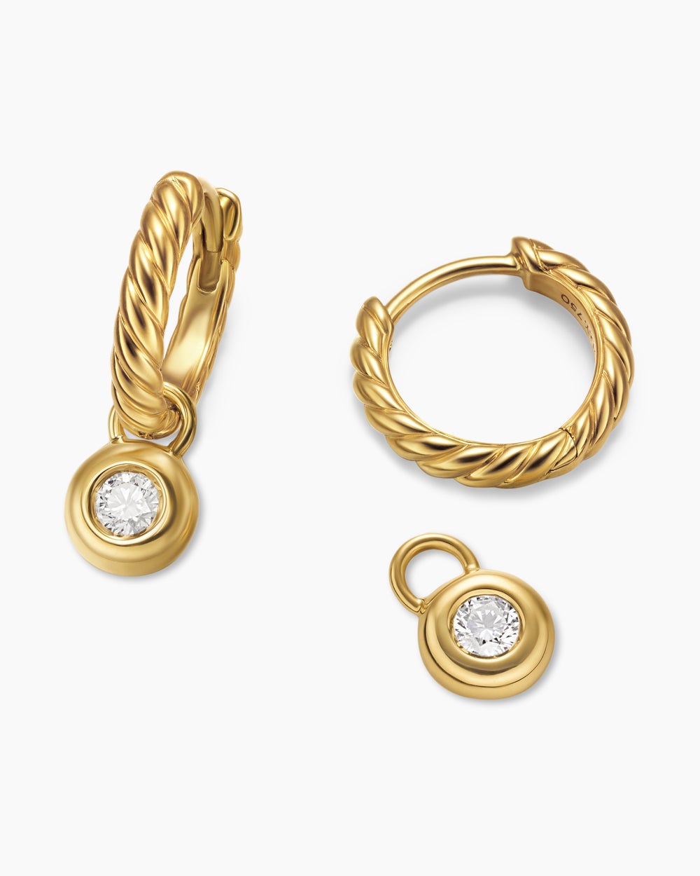 Womens Petite Cable Huggie Drop Earrings in 18K Yellow Gold with Diamonds, 17.5mm