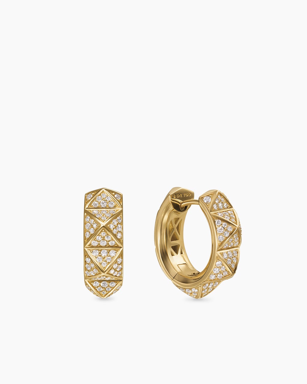 Womens Pyramid Hoop Earrings in 18K Yellow Gold with Diamonds, 18.7mm