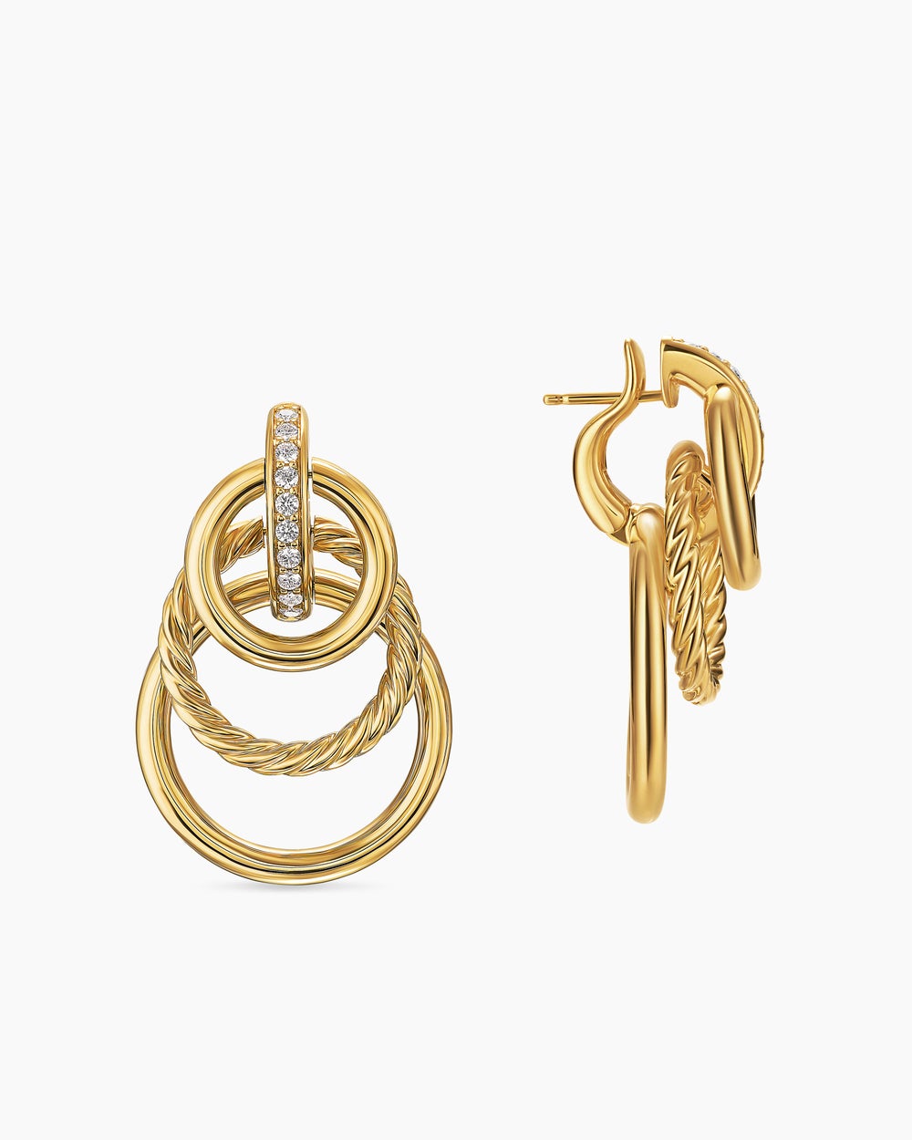 Womens DY Mercer® Triple Ring Drop Earrings in 18K Yellow Gold with Diamonds, 35.6mm
