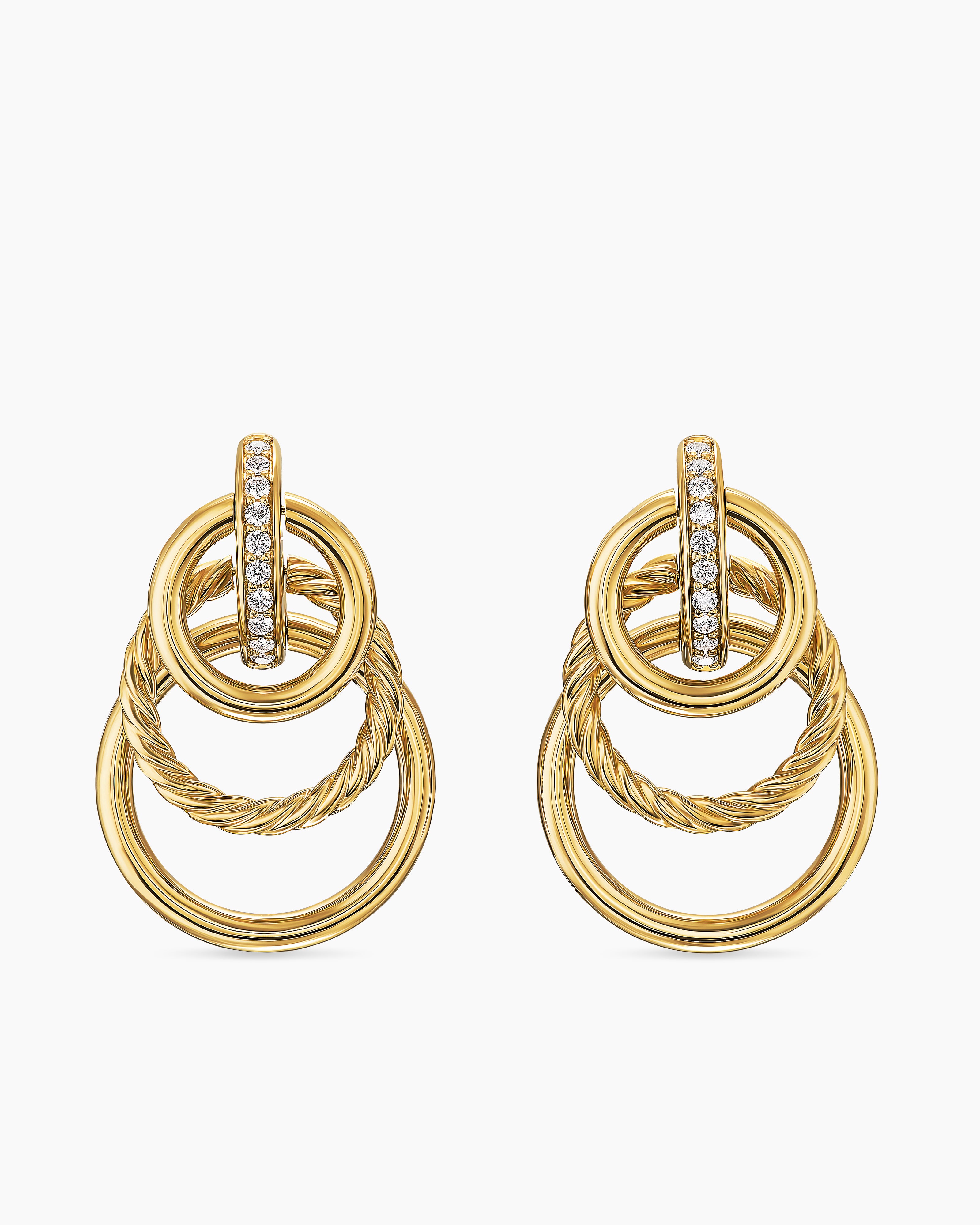 Womens DY Mercer&reg; Triple Ring Drop Earrings in 18K Yellow Gold with Diamonds, 35.6mm