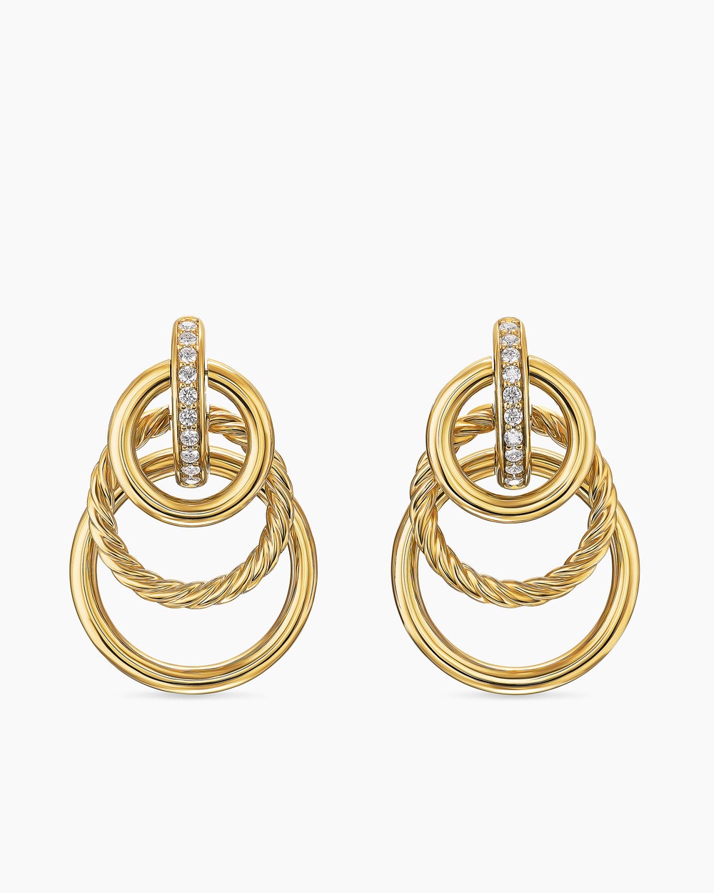 Womens DY Mercer® Triple Ring Drop Earrings in 18K Yellow Gold with Diamonds, 35.6mm