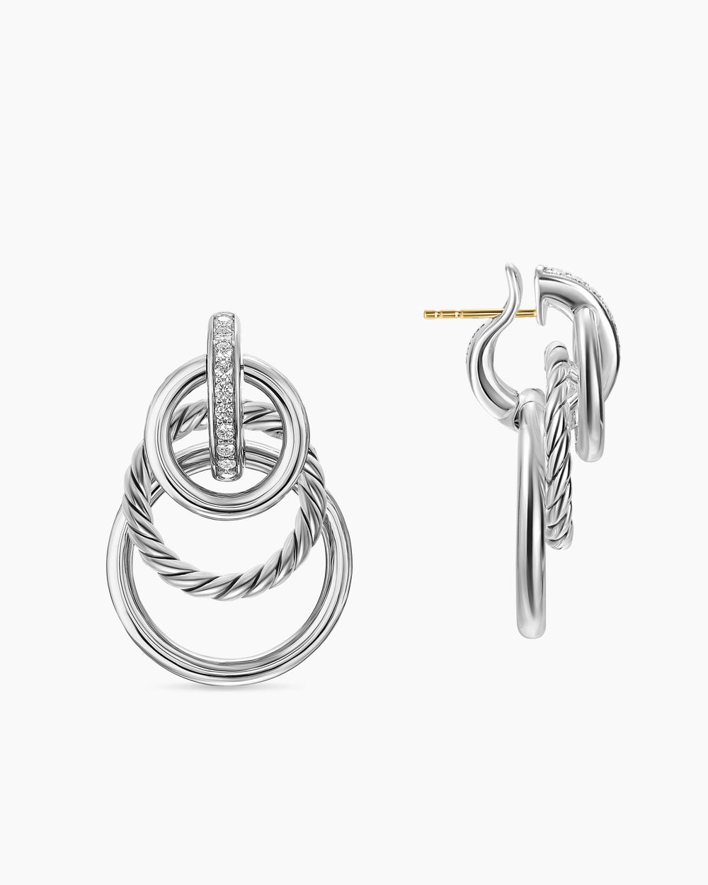 Womens DY Mercer® Triple Ring Drop Earrings in Sterling Silver with Diamonds, 35.6mm